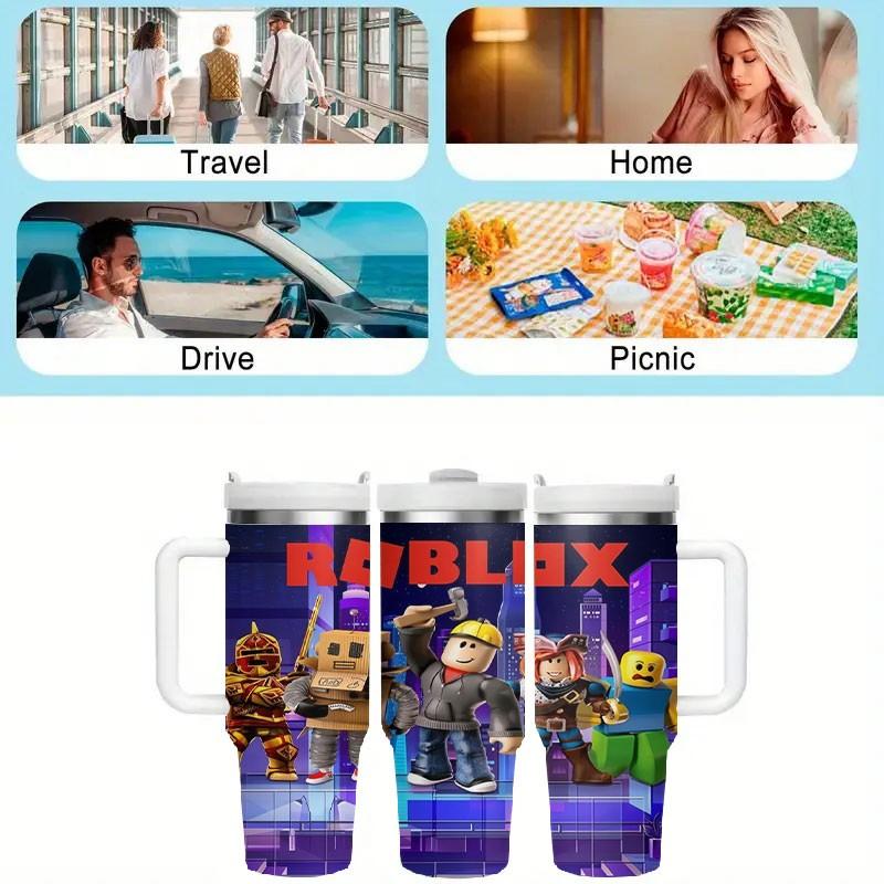 1pc Roblox Adventure 40oz Tumbler, Cartoon Game Character Car Insulated Cup, Slide Handle Large Capacity Straw Cup, Gaming Accessories Travel Mug