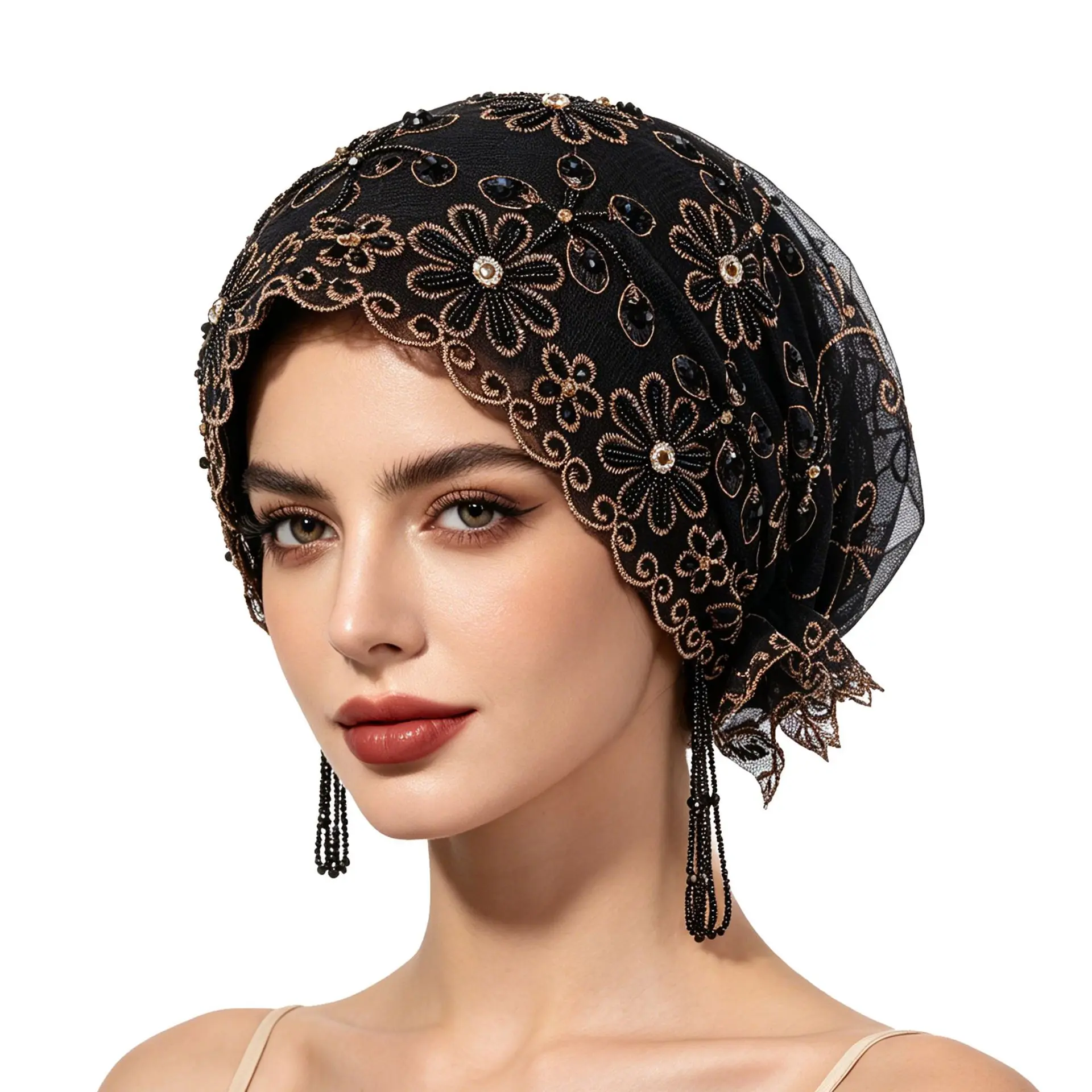 Women's Glamorous Black Gold Beaded Floral Embroidered Lace Turban Headwrap - Non-Slip, Full-Coverage Stretch Bonnet Cap - Vintage Gatsby Party Tassel Modest Hair Accessory, Sports Headband for Party Wear (Accessories for Women)