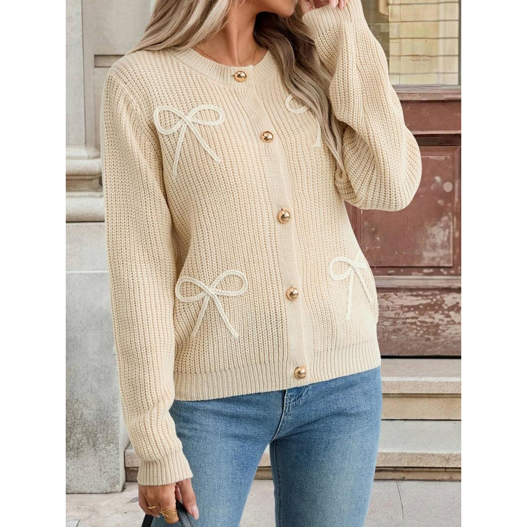 Elegant Bow Embroidery Round Neck Single Button Cardigan Sweater for Women, High-Quality Versatile Knitwear, Perfect for Export