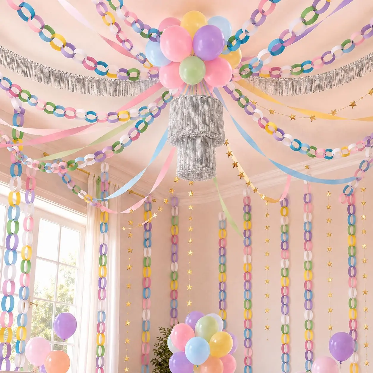 Paper Garland Party Decorations, Girls Birthday Party Decorations Kit, | Create a Fuller Pastel Party with 600 Paper Chain Strips, 60 Balloons, 492ft Streamers & Matching Party Decor