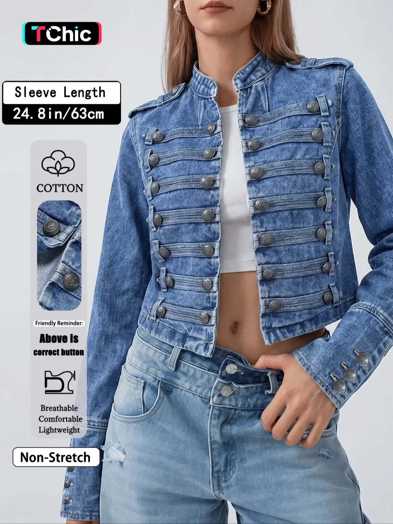 GILIPUR Women's Light Blue Washed Long Sleeve Stand Collar Military Denim Jacket, Non-Stretch Double Breasted Decorative Buttons Cropped Denim Coat with Epaulets, Casual Vintage Streetwear Party Daily Date Outfits for Women TChic