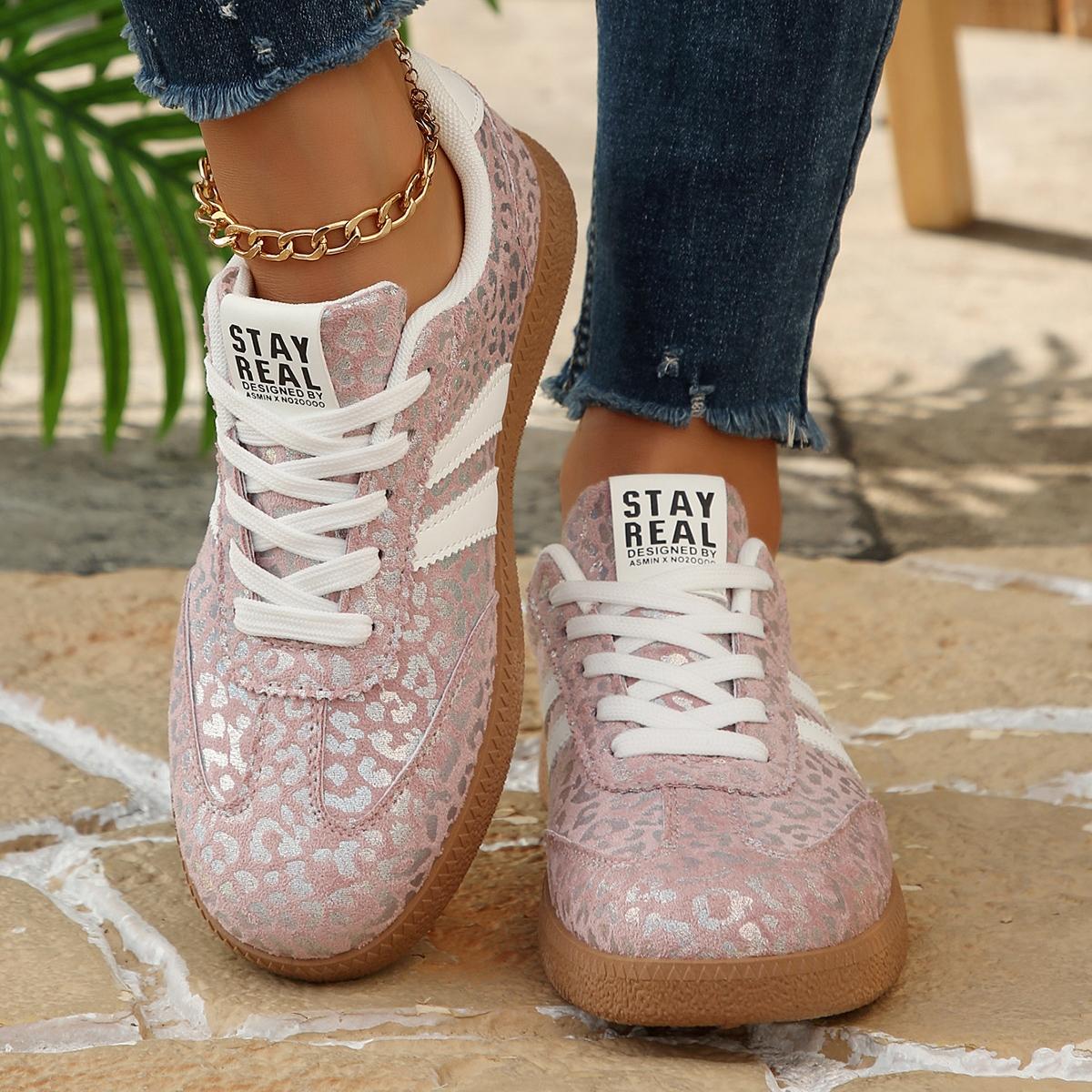 Vintage Leopard Print Sneakers, Pink/Blue, Comfortable Shoes for Commute & Shopping