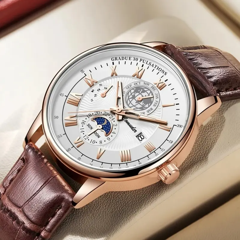 1pcs Men's Watches, Analog Quartz Watches, Analog Wristwatches, Men Fashion Watch, Classic Brown leather strap Business Style Roman scale Calendar Function Japan Imported Automatic Quartz Movement Birthday Gift for Men Graduation Wedding Souvenir