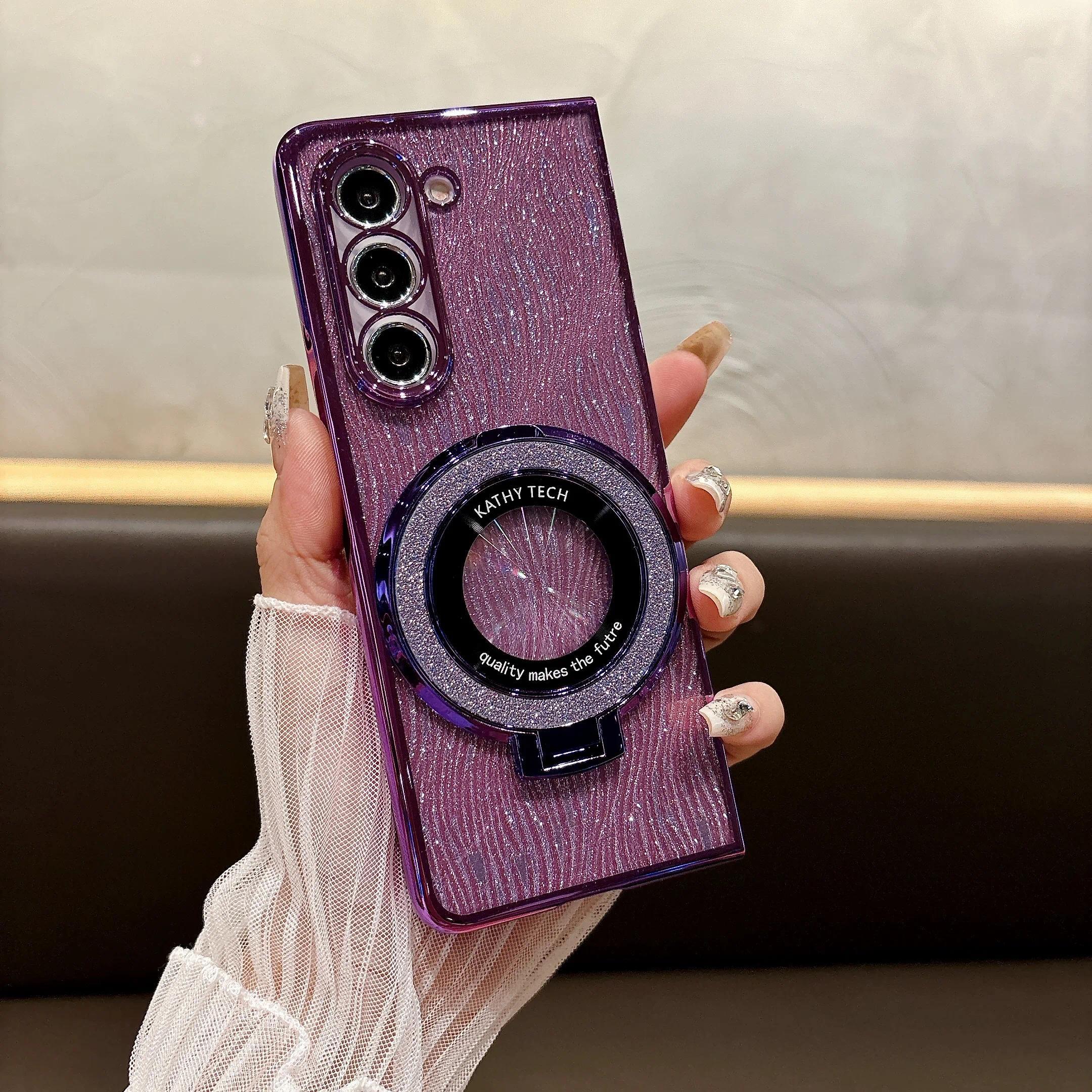 Ring Electroplate Sparkling Phone Case for Samsung Galaxy Z Fold 7 6 5 4 3 Fold6 Fold5 Fold4 Fold7 Magnetic Shockproof  Cover