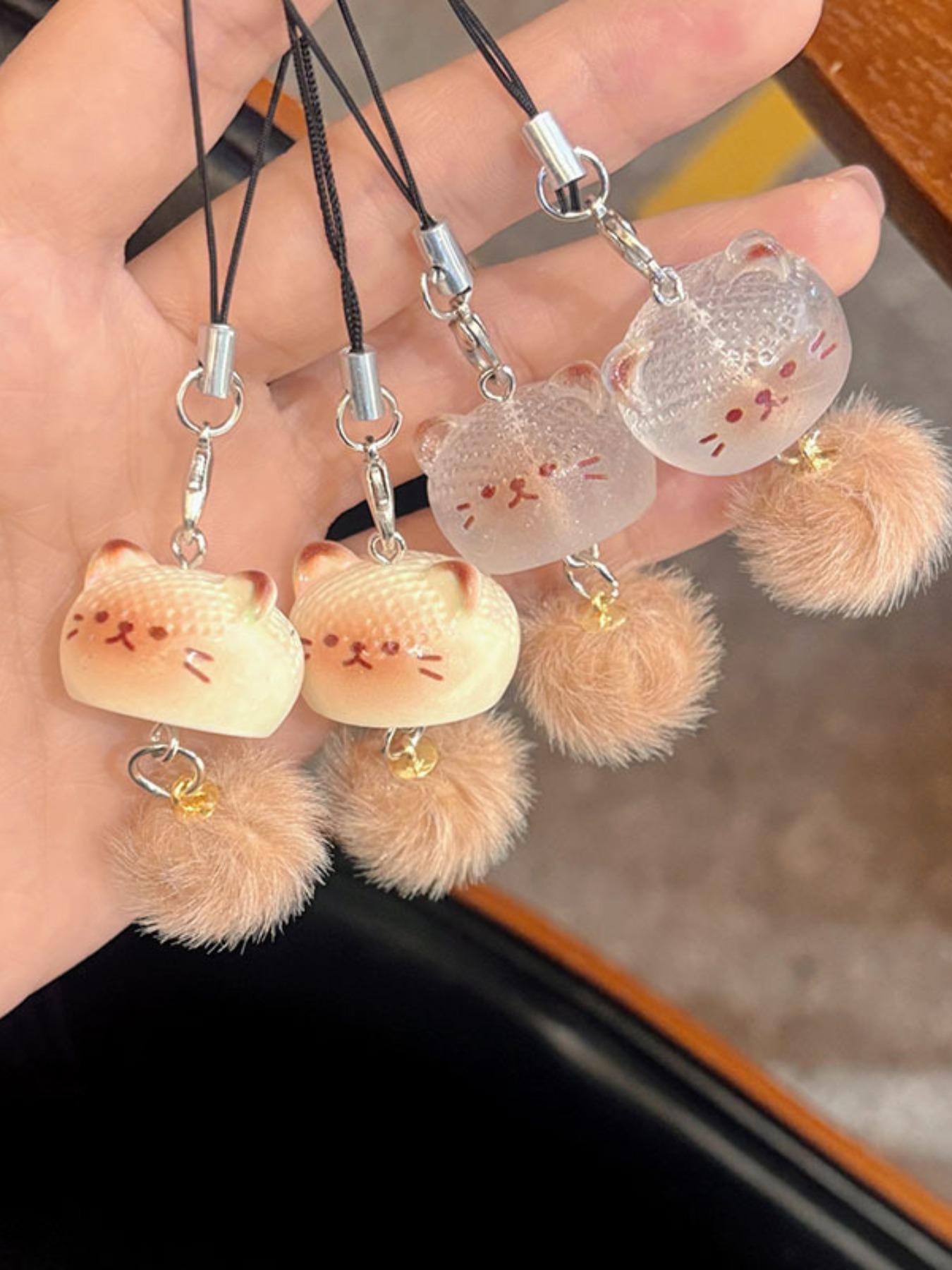 2 Piece Plush Cat Cartoon Keychain Phone Strap Backpack Charm Couple Friendship Gift, Cute Plain Design, All Seasons Accessory