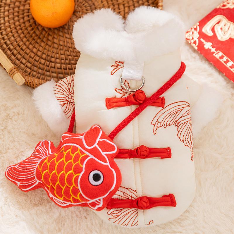 Fish Leaping Dragon Gate Tang Style Vest Cotton Coat Autumn Winter Fleece Lined for Small Medium Dogs