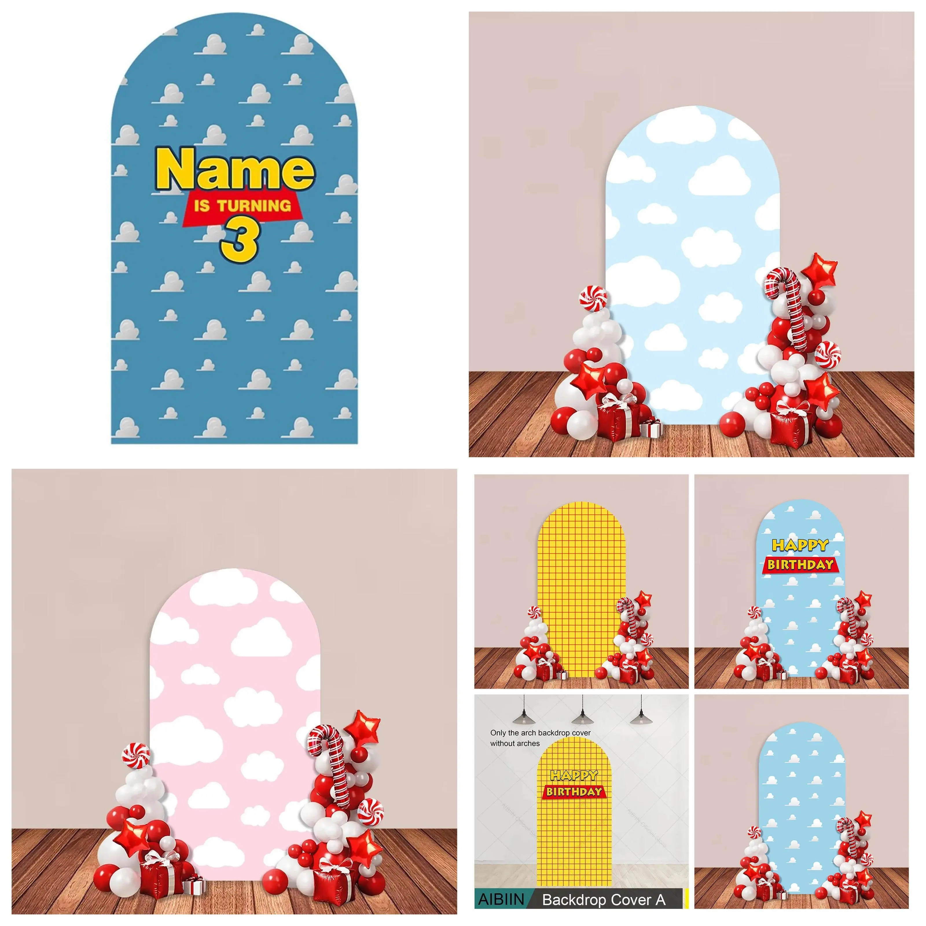 Custom Arch-Shape Cloud Print Backdrop with Pink-Blue-White Design, Yellow-Stripe Denim-Style Background & Cow Print - Children's Birthday Party Decoration Banners, Photography Studio Props