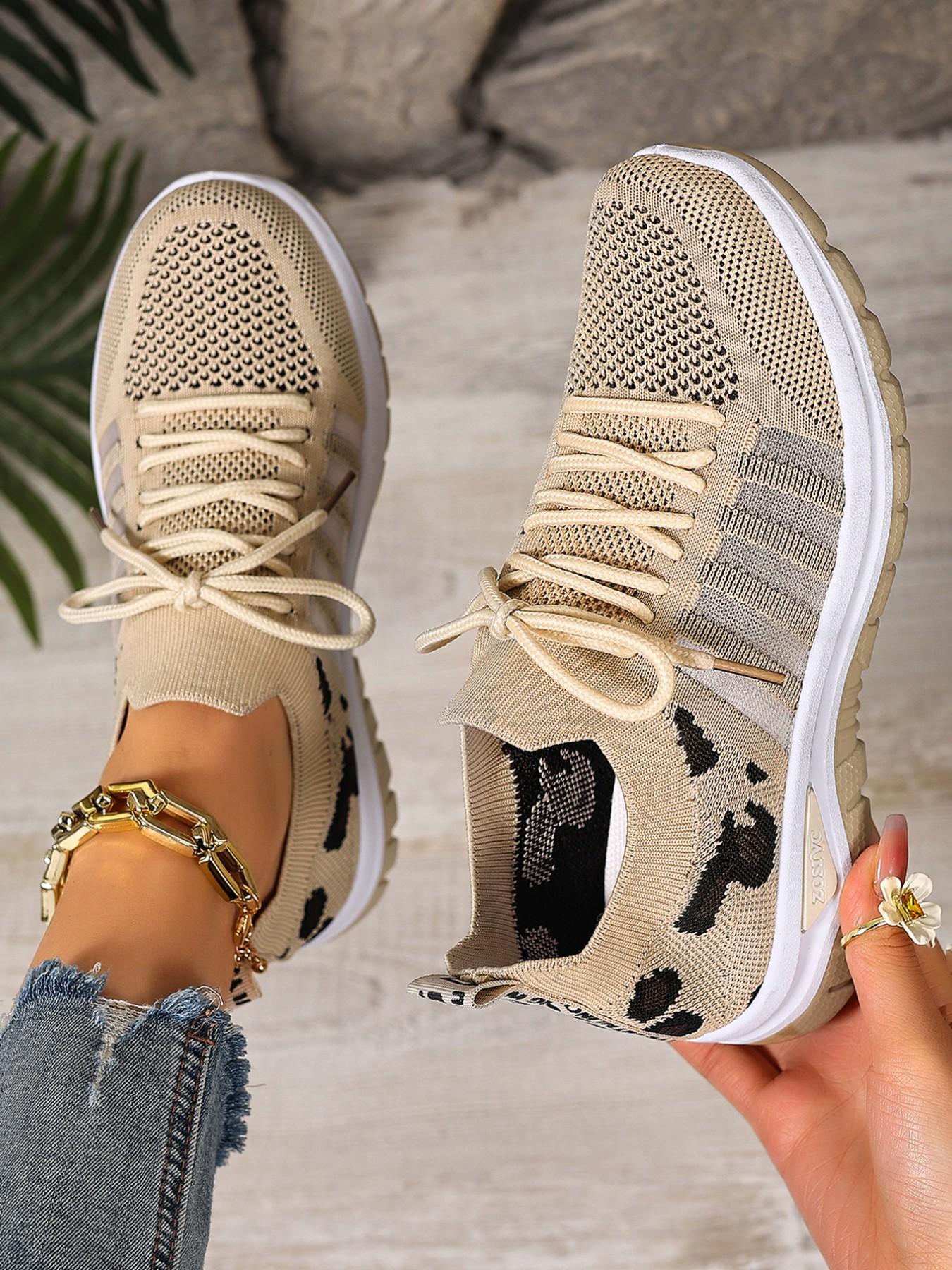 Women's Leopard Print Lightweight Lace-Up Sports Shoes, Breathable Shock Absorption Non-Slip Rubber Sole, Casual All-Season Low Top Sneakers