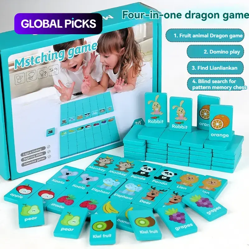Wooden 4 in 1 Dominoes Game, Fruit & Animal Pattern Matching Memory Chess, Interactive Learning Cognitive Skills Safety Game for Parents & Kids, Family Board Games, Family Fun Game, Board Games for Family Night, Table Games