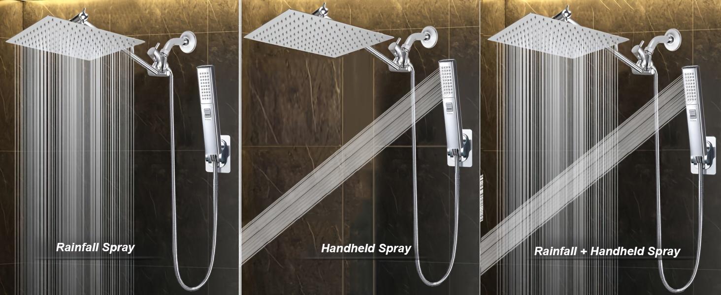 Square Showerhead 8 / 10 Inch with Handheld Shower Combo, Rainfall High Pressure Showerhead, Adjustable Extension Arm, 3-Way Switcher, 78 Inch Extra Long Hose with 9 Inch Extension Arm - Bathroom Upgrades Waterfall Home Modern