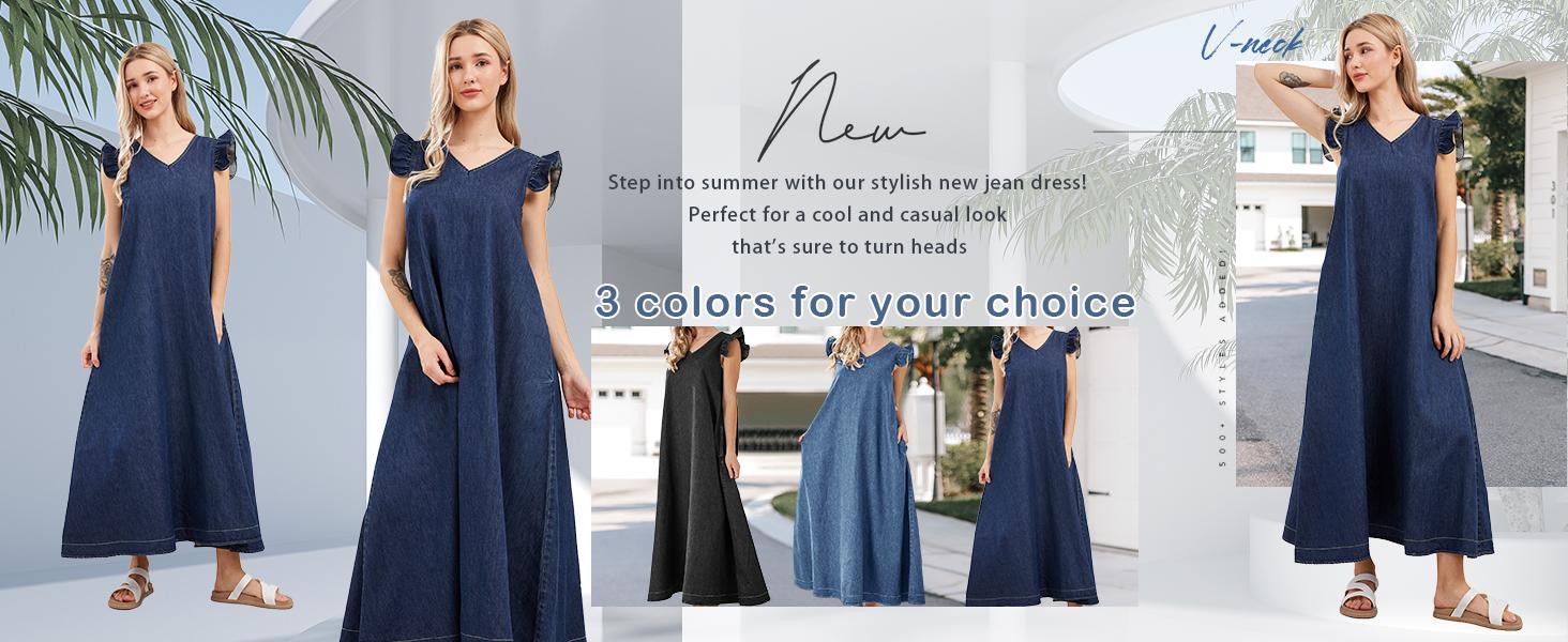 utcoco Women's Summer V Neck Long Denim Dress Casual Loose Ruffle Sleeveless Dress Minimalist V neck Womenswear sundress