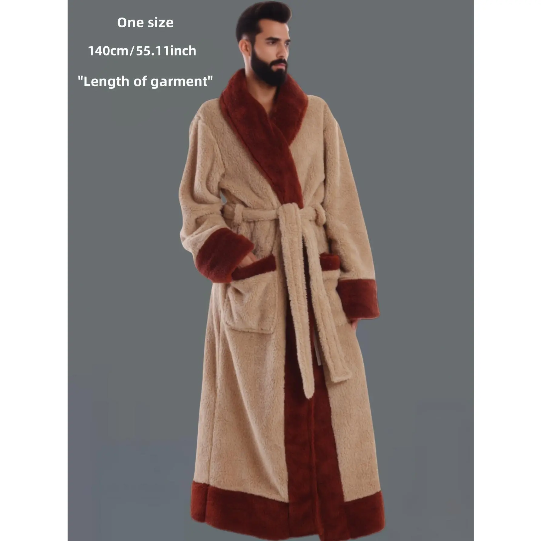 2025 Winter Plush Collection - Men's Warm Robe - Bathrobe for Autumn/Winter - Extended Length & Extra Thick for Warmth - Gift Set - Long Sleeve for Fall/Winter - Adjustable Waistband - Large Pockets - Polyester Fiber - Recommended Height 63.78inch