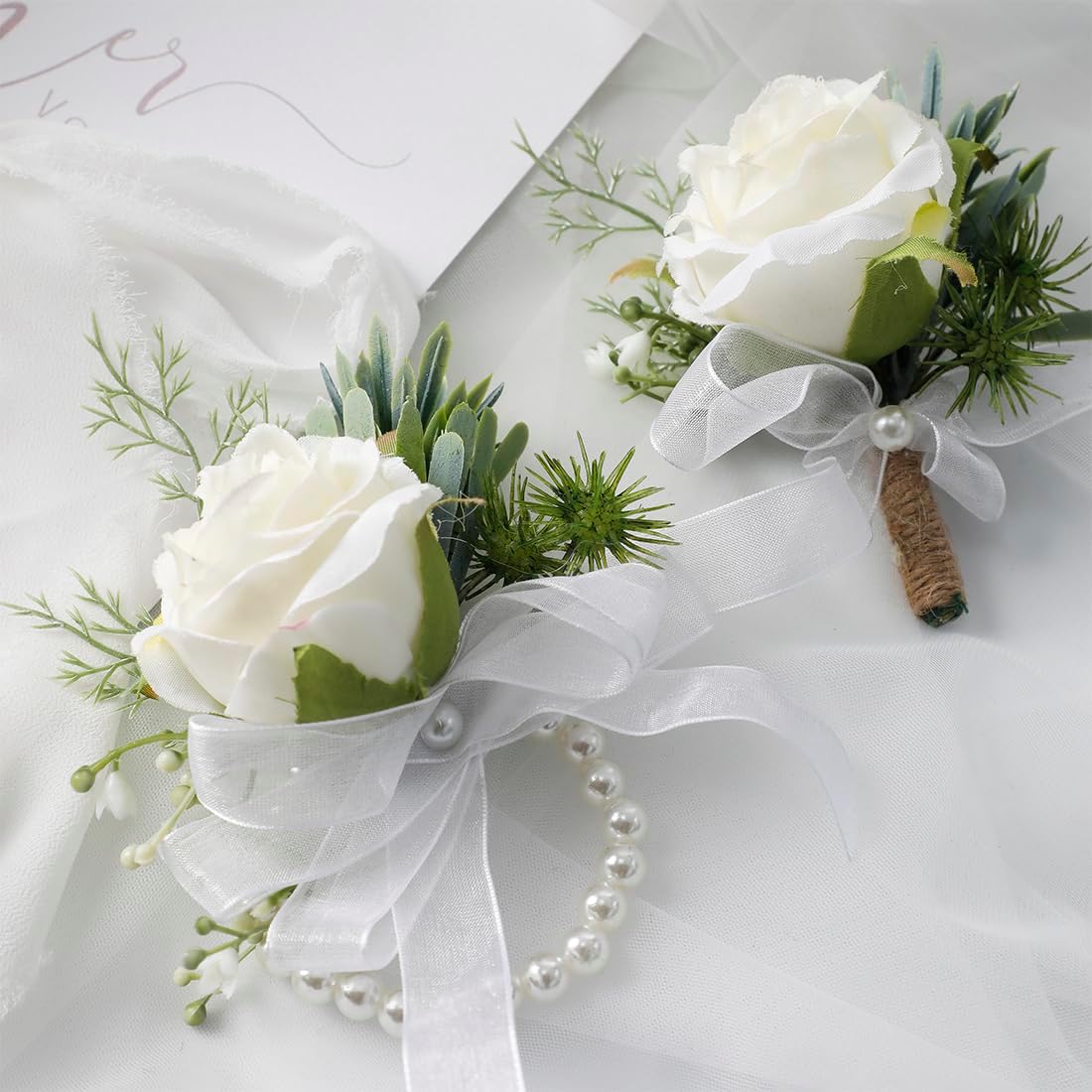 European-style groom and best man boutonnieres for wedding, white rose artificial flower brooch, Floral Brooch for bride, high-end wrist flowers for wedding, party decoration boutonnieres and wrist flowers, Boutonniere pins