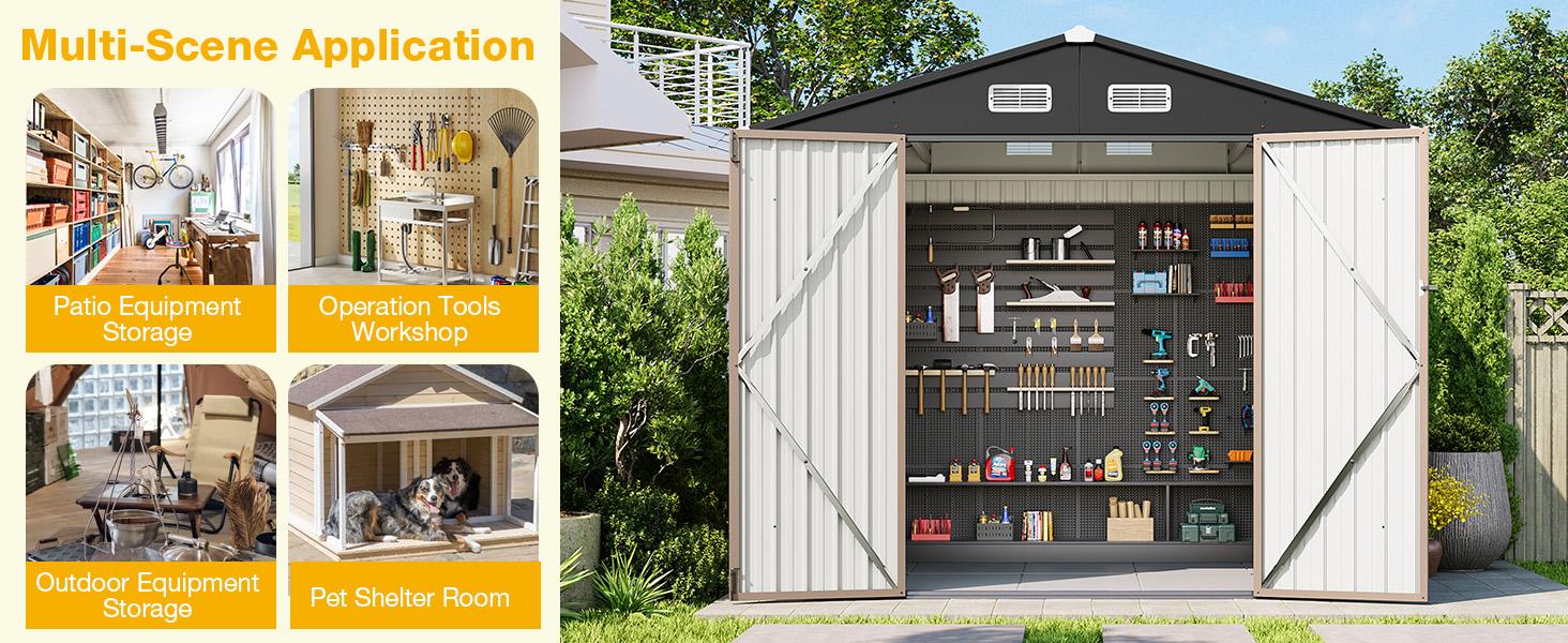 Aoxun Multi-Size & Multi-Material Outdoor Storage Shed with Included Base, Lockable Door, Sloped Roof, Heavy Duty Metal Organizer for Garden, Backyard, Patio, Lawn Aoxun Multi-Size & Multi-Material Outdoor Storage Shed with Included Base, Lockable Door, Sloped Roof, Heavy Duty Metal Organizer for Garden, Backyard, Patio, Lawn