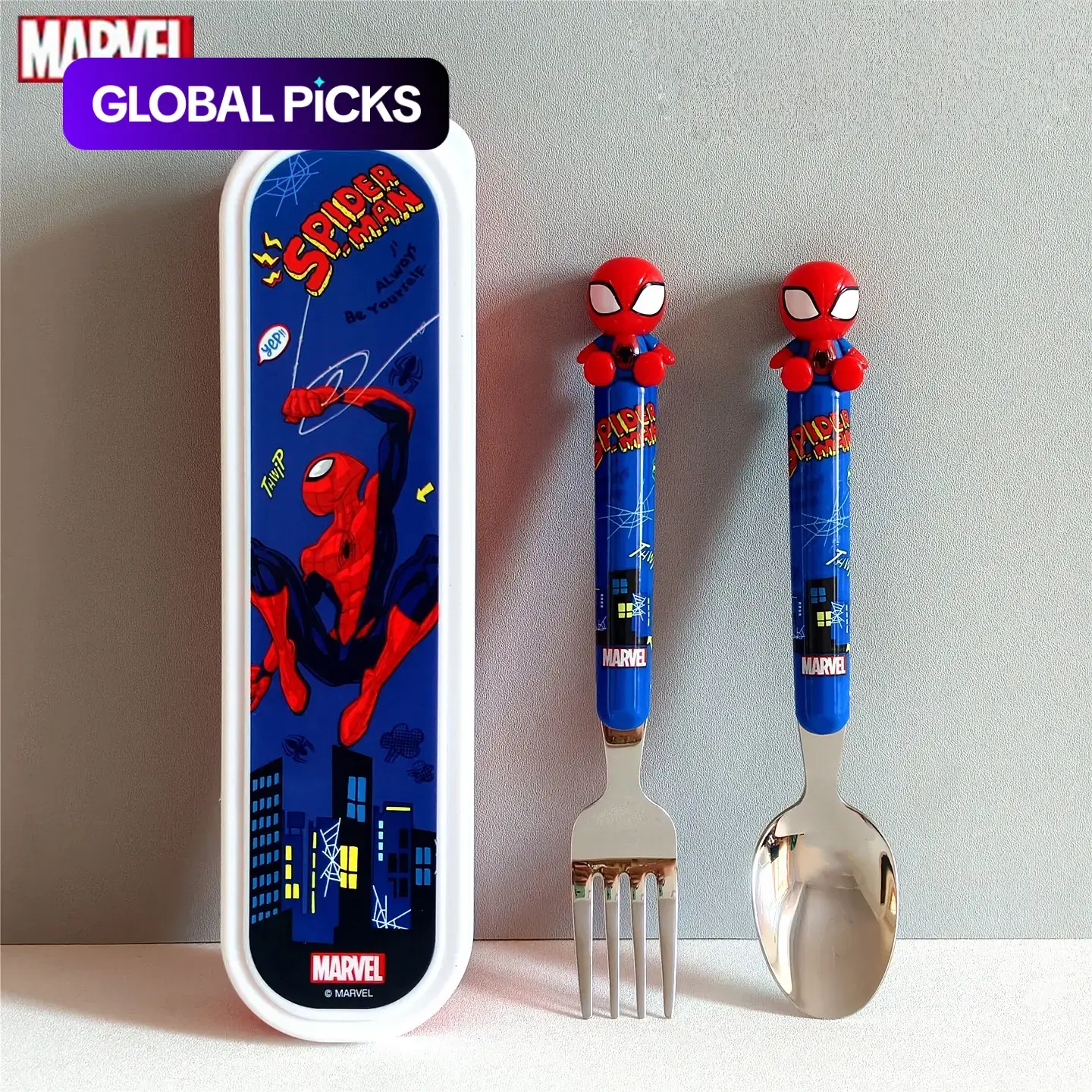 Marvel Officially Licensed Spider-man Portable Flatware Set 3D Figural Spoon Fork Stainless Steel Cutlery with Travel Case Lunchbox Utensils for Office School Picnic Camping Teen Gamer Gift Heavy Duty Tableware Metal Utensils Set #GLOBAL PICKS
