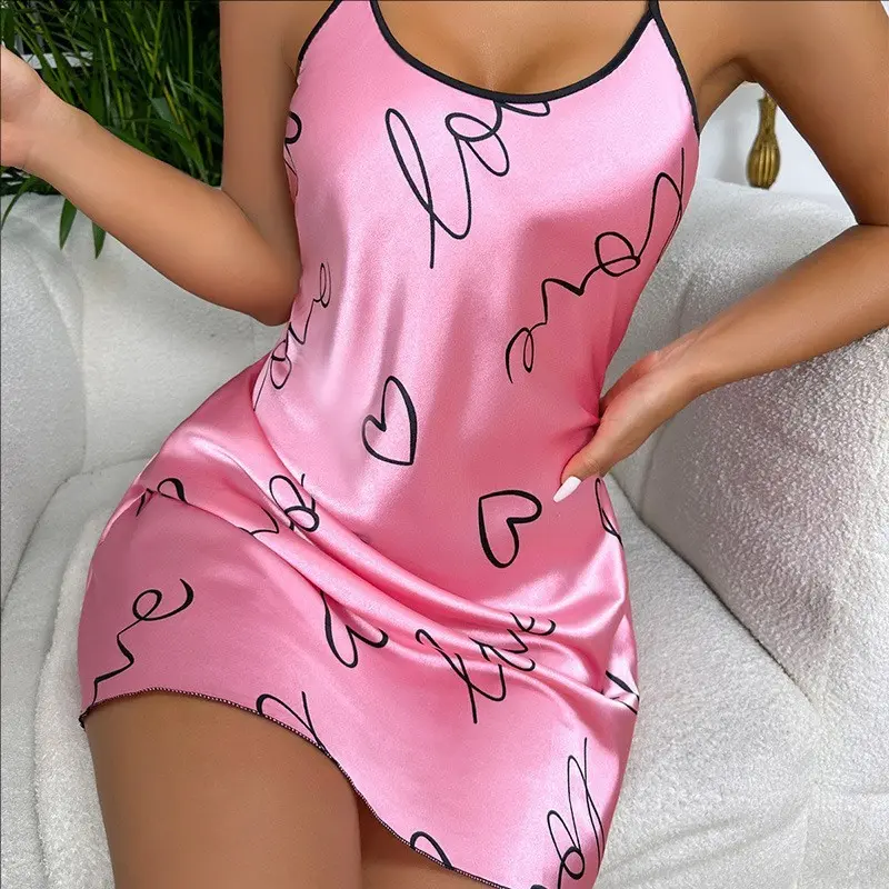 Women's Elegant Heart Print Sleep Dress - Sexy Scoop Neck Nightwear with Criss-Cross Back Detailing, Loungewear, Size S