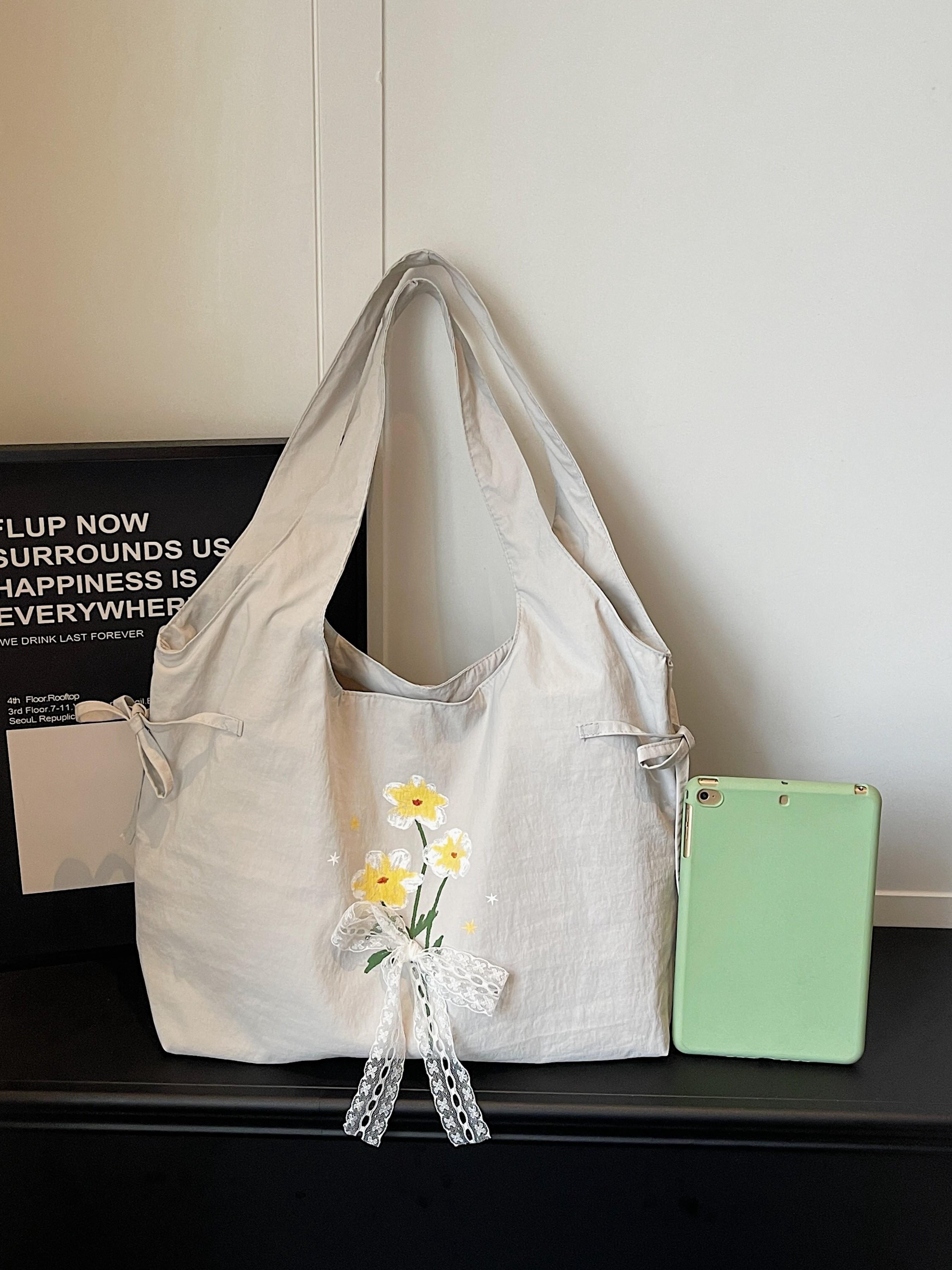 Lightweight Nylon Tote Bag, Floral Butterfly Knot Design, Casual Sweet Shoulder Bag, Ideal for Shopping and Daily Use, Perfect for Students