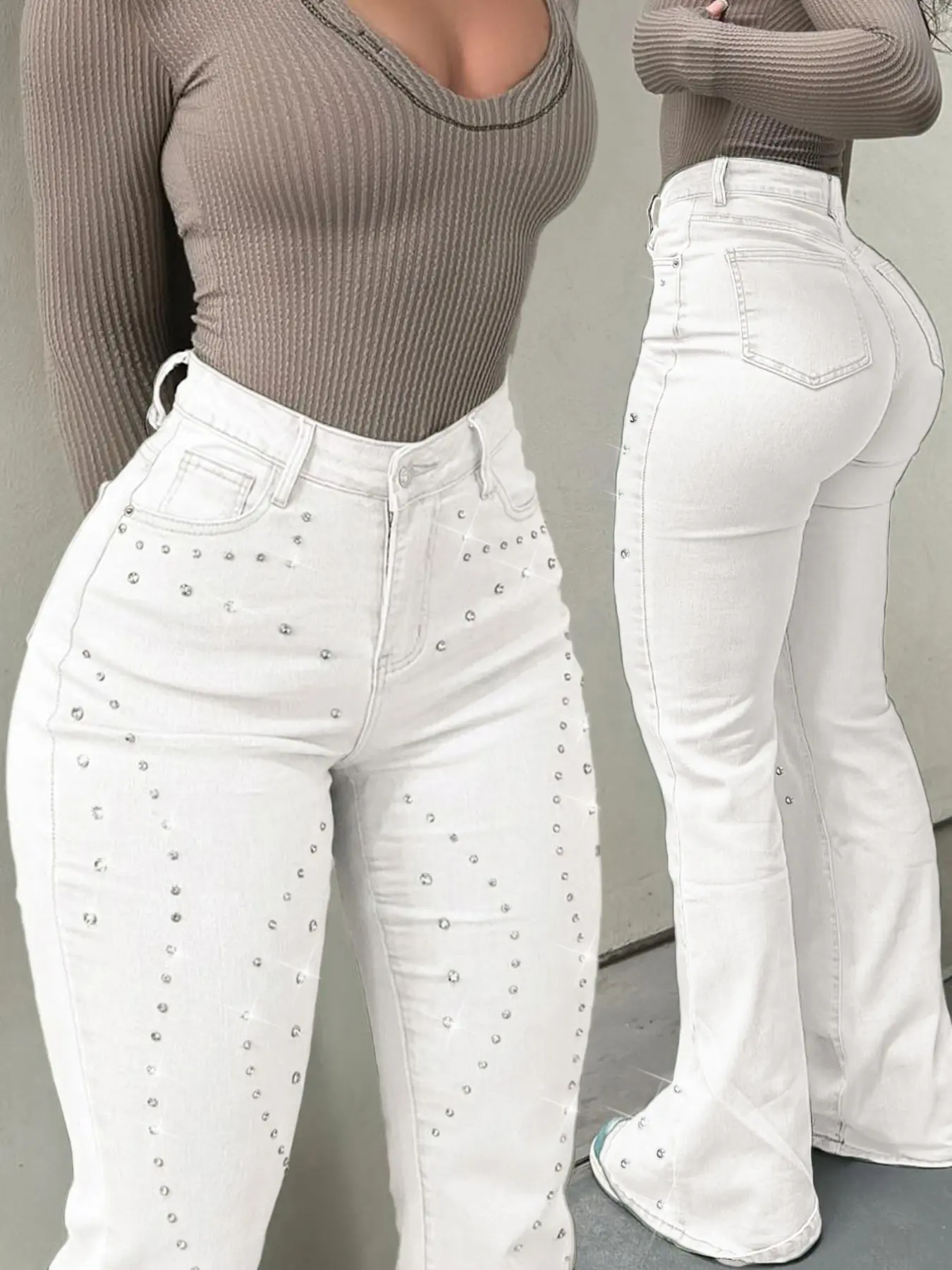 GILIPUR Women High Waist Silver Rhinestone Embellished White Flare Jeans, Stretchy Bell Bottom Denim Pants Y2K Glam Party Streetwear Trousers TChic