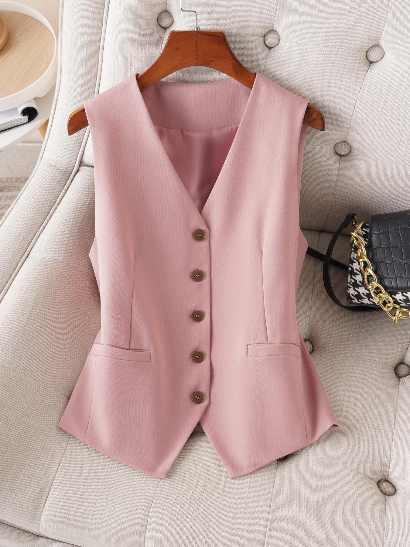 Women's Solid V Neck Button Vest Blazer, Casual Plain Color Waistcoat for Work Office Business, Ladies Spring & Fall Clothes