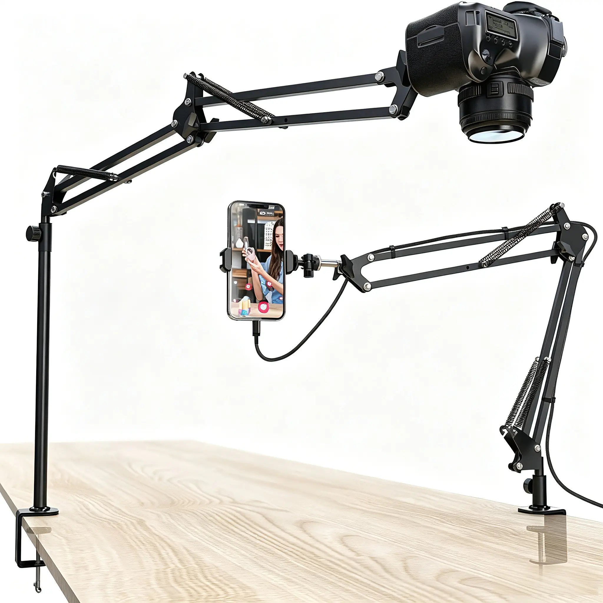 Overhead Camera Mount, Desk Camera Mount with Articulating Arm, 360° Adjustable Stand for Phone/DSLR/Webcam, C-Clamp Tabletop Mount for Video Recording, Tiktok, YouTube, Live Streaming, Angle Mount