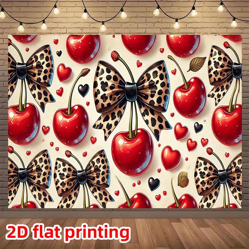 1 oversized wall decoration banner, Party Decorations Banners, featuring a red cherry and bow pattern with red, pink, black, white leopard print design, all-season party backdrop, suitable for home, studio, birthdays, weddings