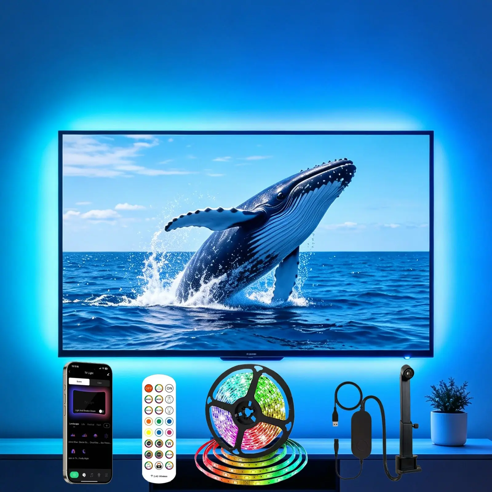 16.4ft Game Light Strip, USB LED TV Backlight for 55-65 Inch Tvs,Includes Remote Control，Color Sync, Ar Sensor, Bluetooth-compatible Control, Music Sync, Holiday Gift