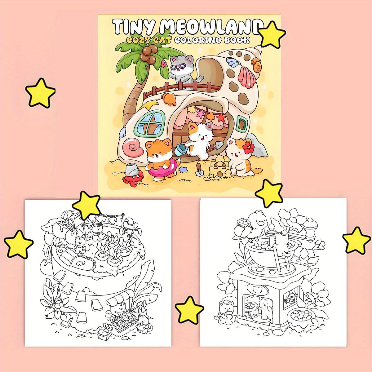Bold & Easy Cute Kawaii Tiny Meowland Cozy Cat Coloring Book for Kids & Adults, 22 Coloring Pages on 120gsm Thick No Bleed Paper, Odorless Glue Binding, Stress Relief Easy Coloring for All Ages