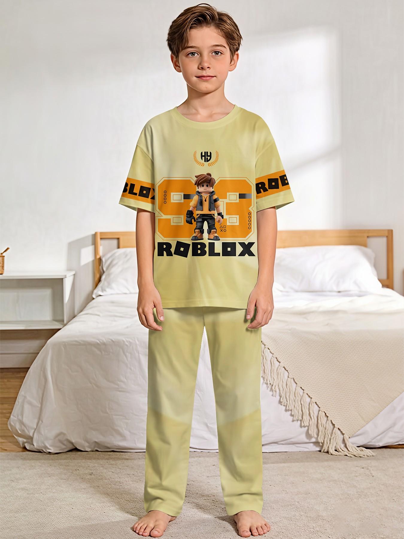 Square Boy Trendy 2-Piece Set - Boys' Digital Print Short-Sleeve Pajamas with Extended Sleep Pants, Stylish, Casual, Comfortable and Soft Pajama Set, Suitable for Boys' Sleep and Home Leisure, Perfect Gift for Boys