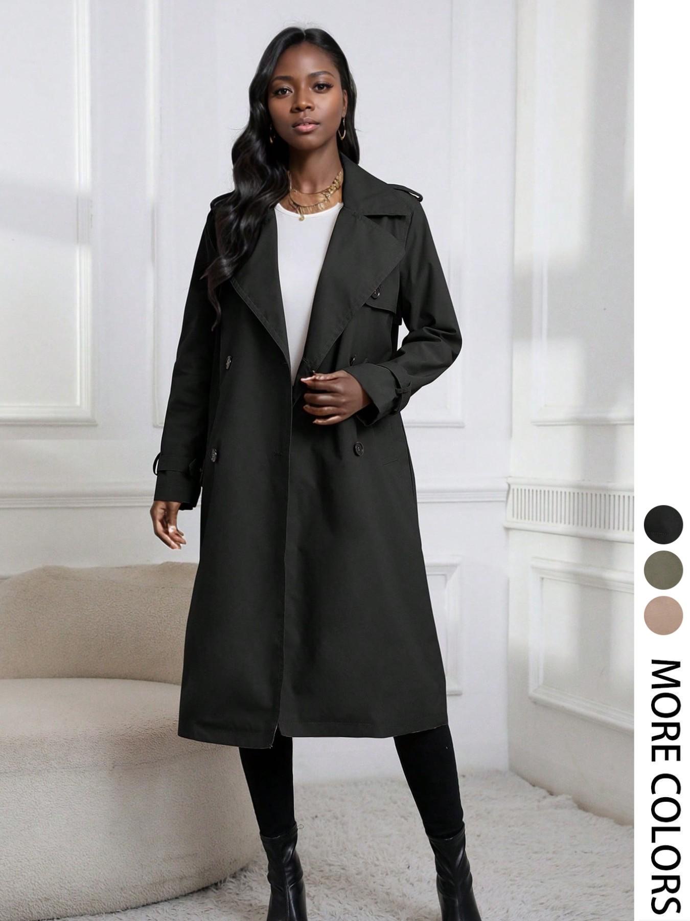 Women's Fall Winter Casual Long Coat, Outerwear, Belted Fitted Windbreaker with Pockets, Spring Outdoor Streetwear Jacket, Plain Design