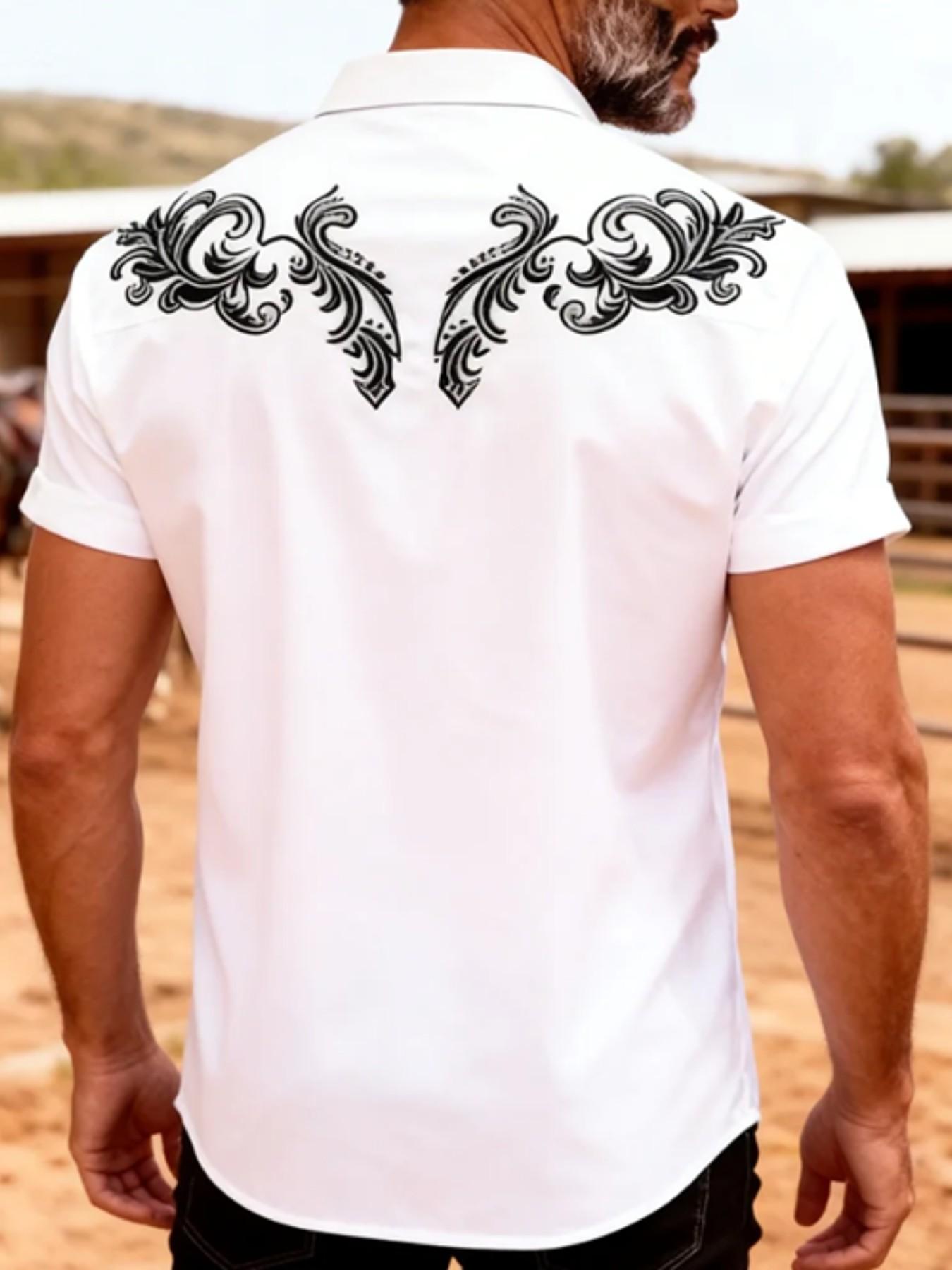 Men's Western Cowboy Style Print Short Sleeve Shirt, Vintage Scroll Pattern Notch Lapel Open Front, American Casual Riding Vacation Commute Top