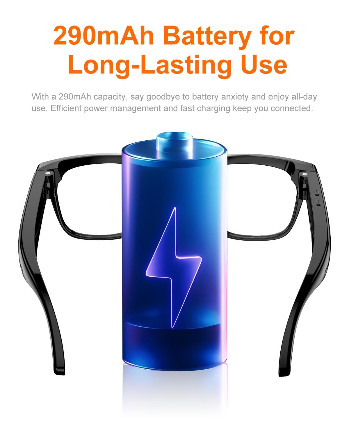 wearable smart camera glasses, Multifunctional smart glasses; 8MP HD first-person video recording; one-click audio recording; AI real-time translation and interpretation; Bluetooth; WiFi; 290mAh battery; includes functional lenses