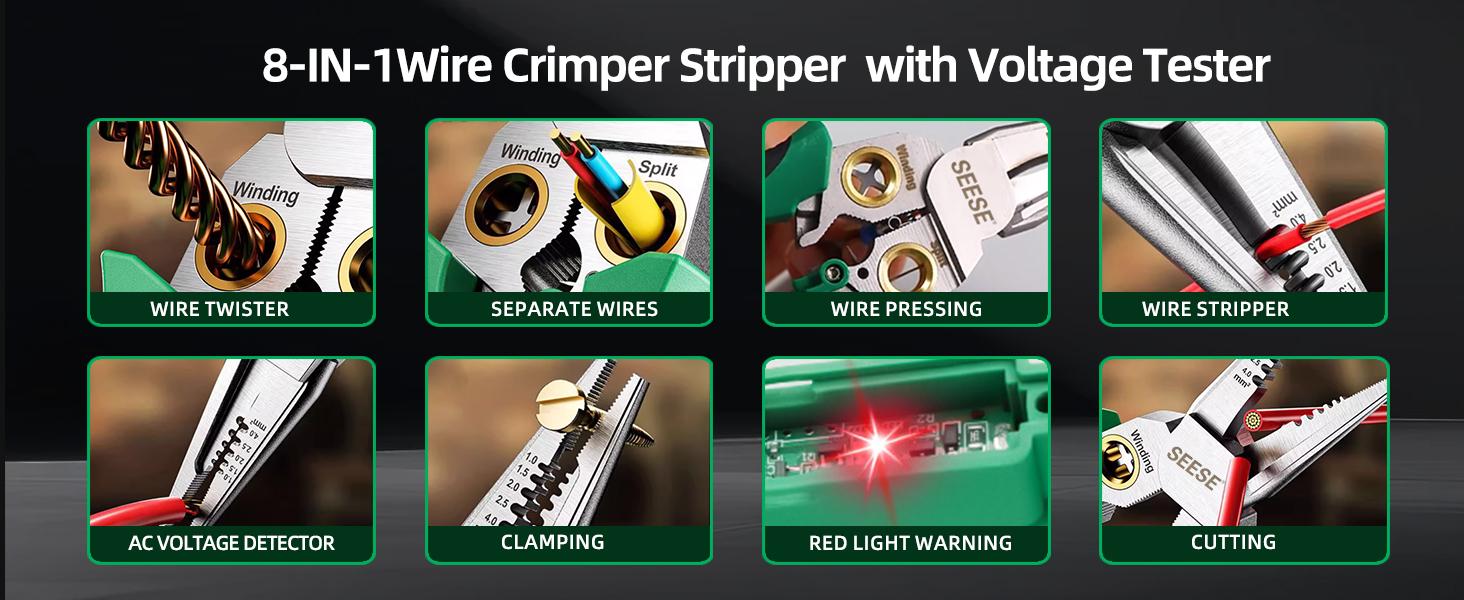 SEESE 8-in-1 Wire Stripper & Twister – Cutting, Pulling Wires, Voltage Tester Pliers, Cable Scissors, AC/DC Live, Null & Hot Wire Detection with Audible & Flashing LED Alarms SEESE 8-in-1 Wire Stripper & Twister – Cutting, Pulling Wires, Voltage Tester Pliers, Cable Scissors, AC/DC Live, Null & Hot Wire Detection with Audible & Flashing LED Alarms