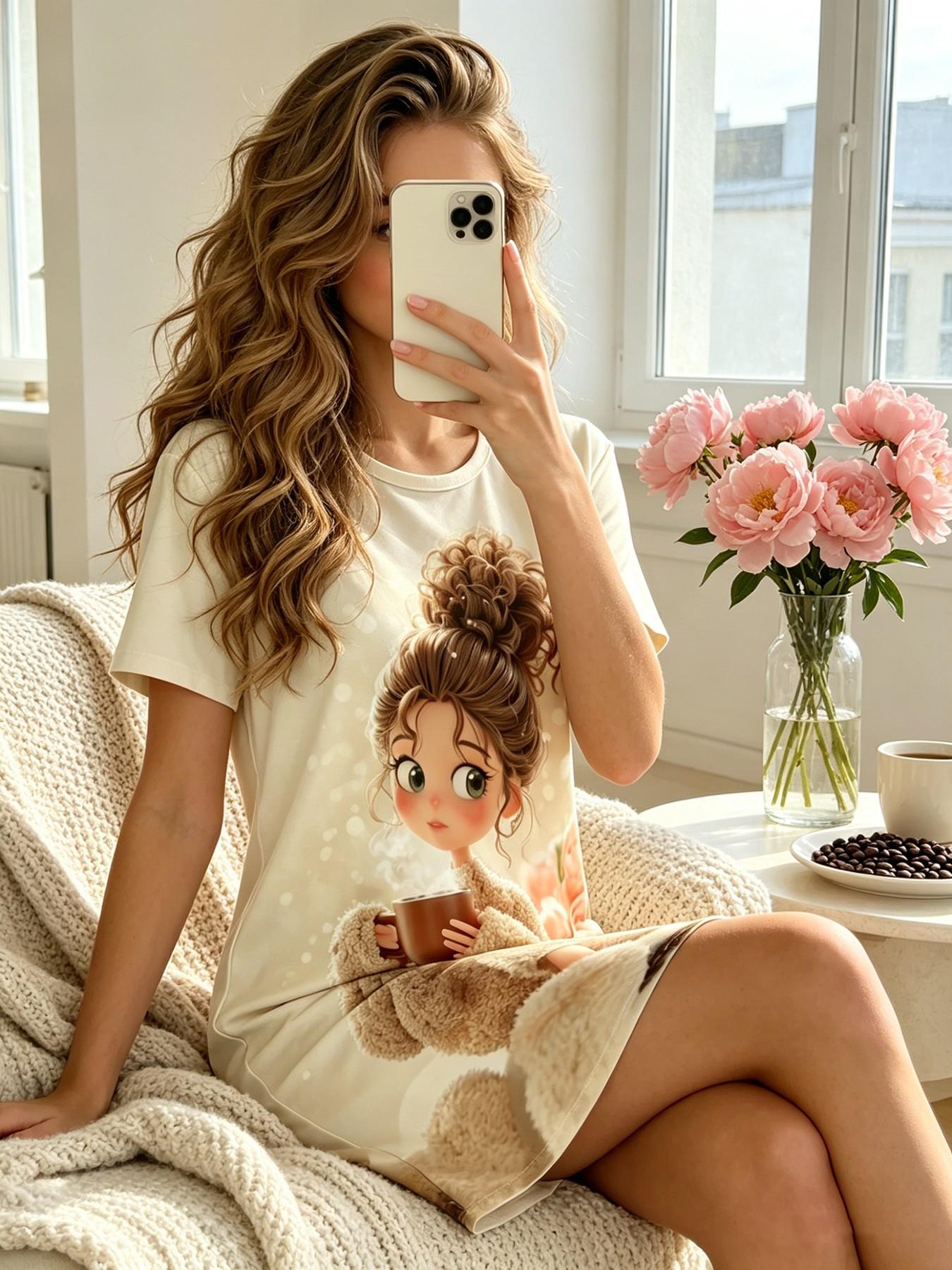Women's Breathable Short Sleeve Round Neck Nightgown, Loungewear, Spring & Summer Wear, Morning Vibe Style Cartoon Girl Print, Loose Fit, Suitable for Daily Home Wear, Casual Outings and Home Office