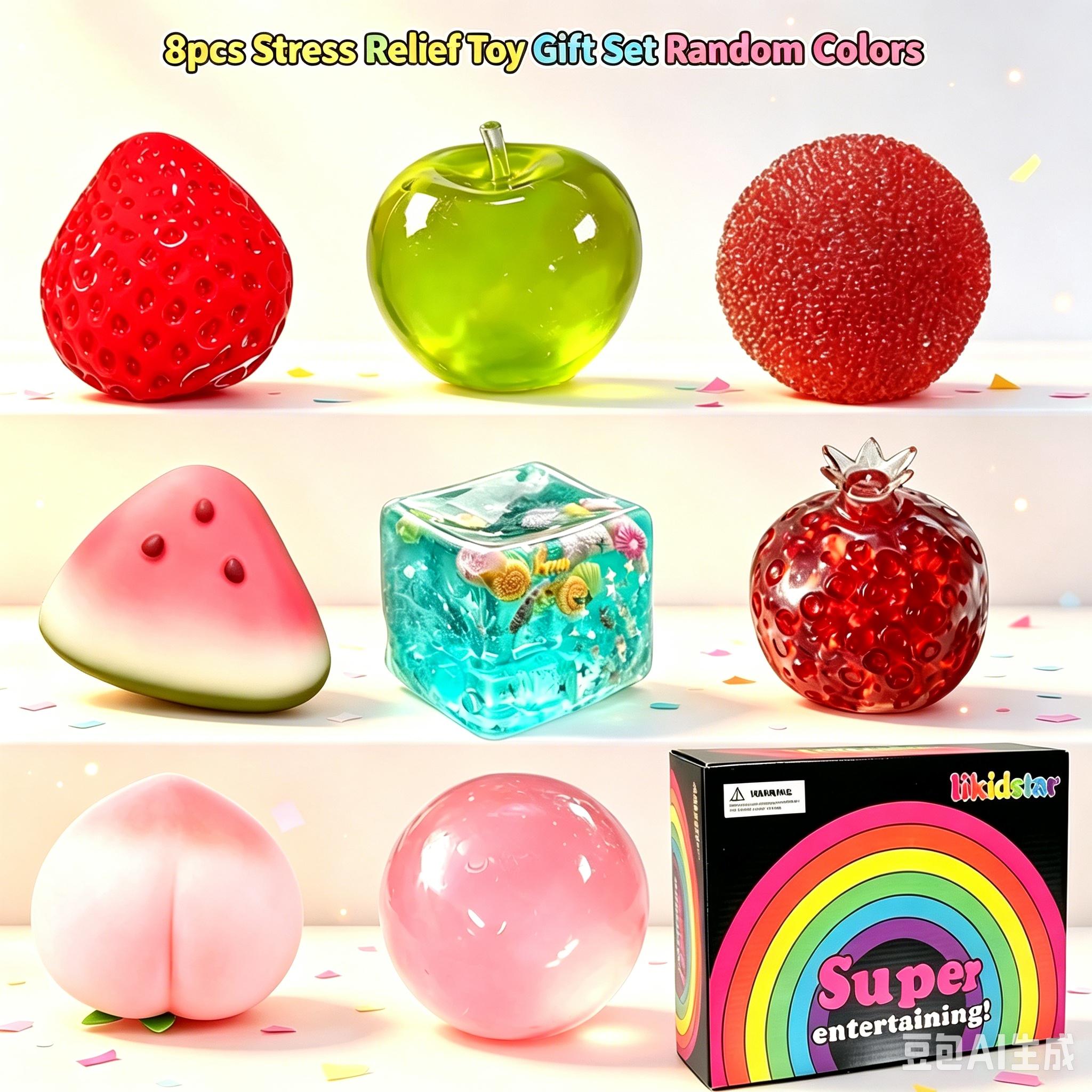 8Pcs Stress Relief Toy Gift Set, Cute Fruit, Ocean Block and Handmade Ball Shapes, Slow-Rebound Sensory Fidget Toys, Soft Squeeze Stress Relief Toys for Adults, Team Party Favors and Gifts (Random Colors)