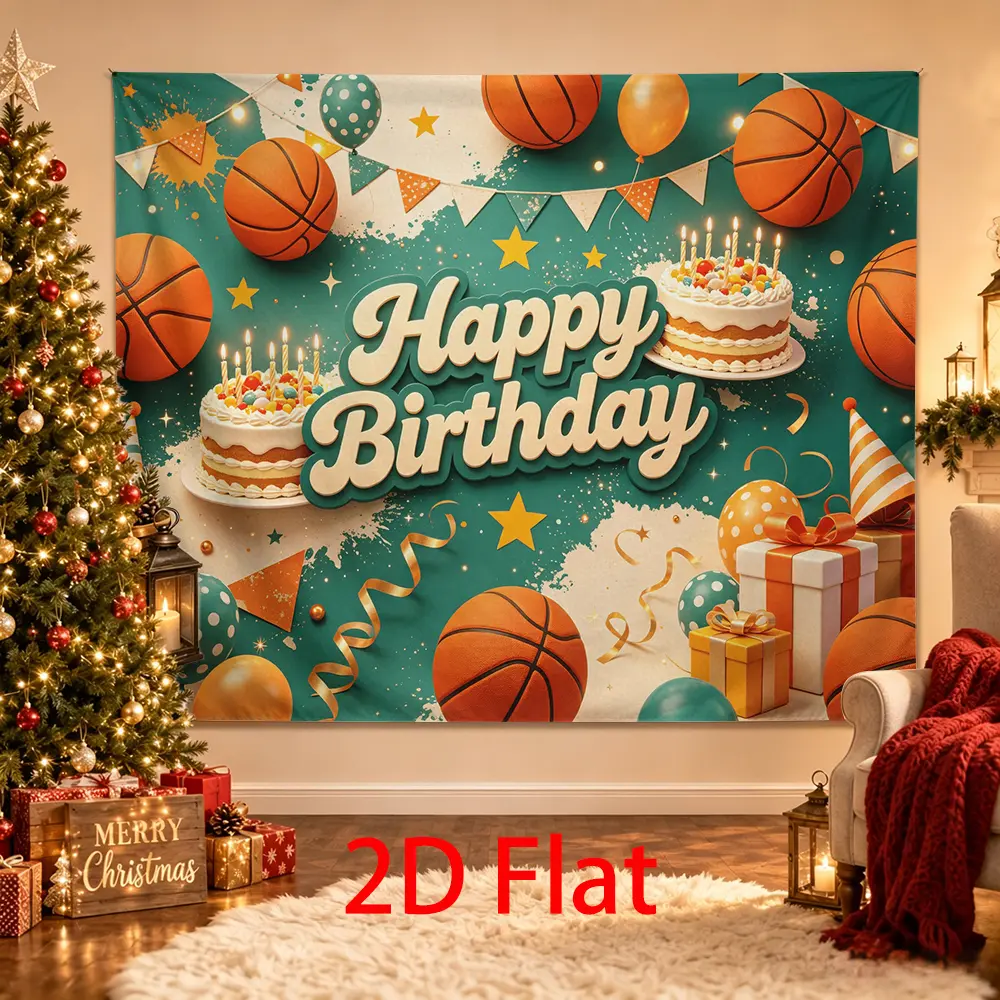 Basketball Birthday Backdrop, Teal Orange Sports Party Photo Background with Cakes, Balloons, Gifts and Stars