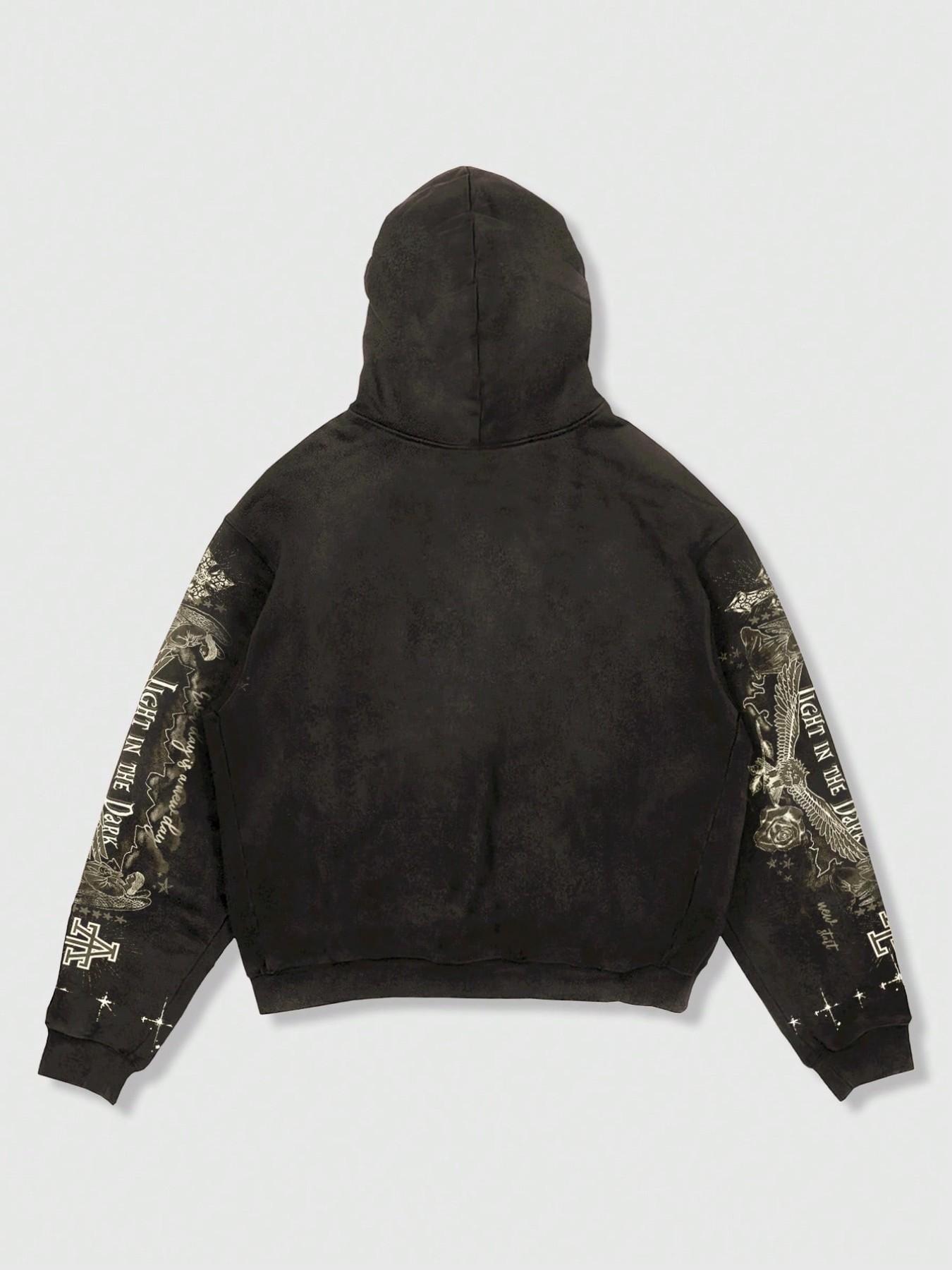 Vintage Graphite Zip-Up Hoodie Angel Print, Casual Print Hoodie, Unisex Loose-Fit Long Sleeve Sweatshirt, Street Style Fall Winter Fashion, Warm, Thermal and Trendy