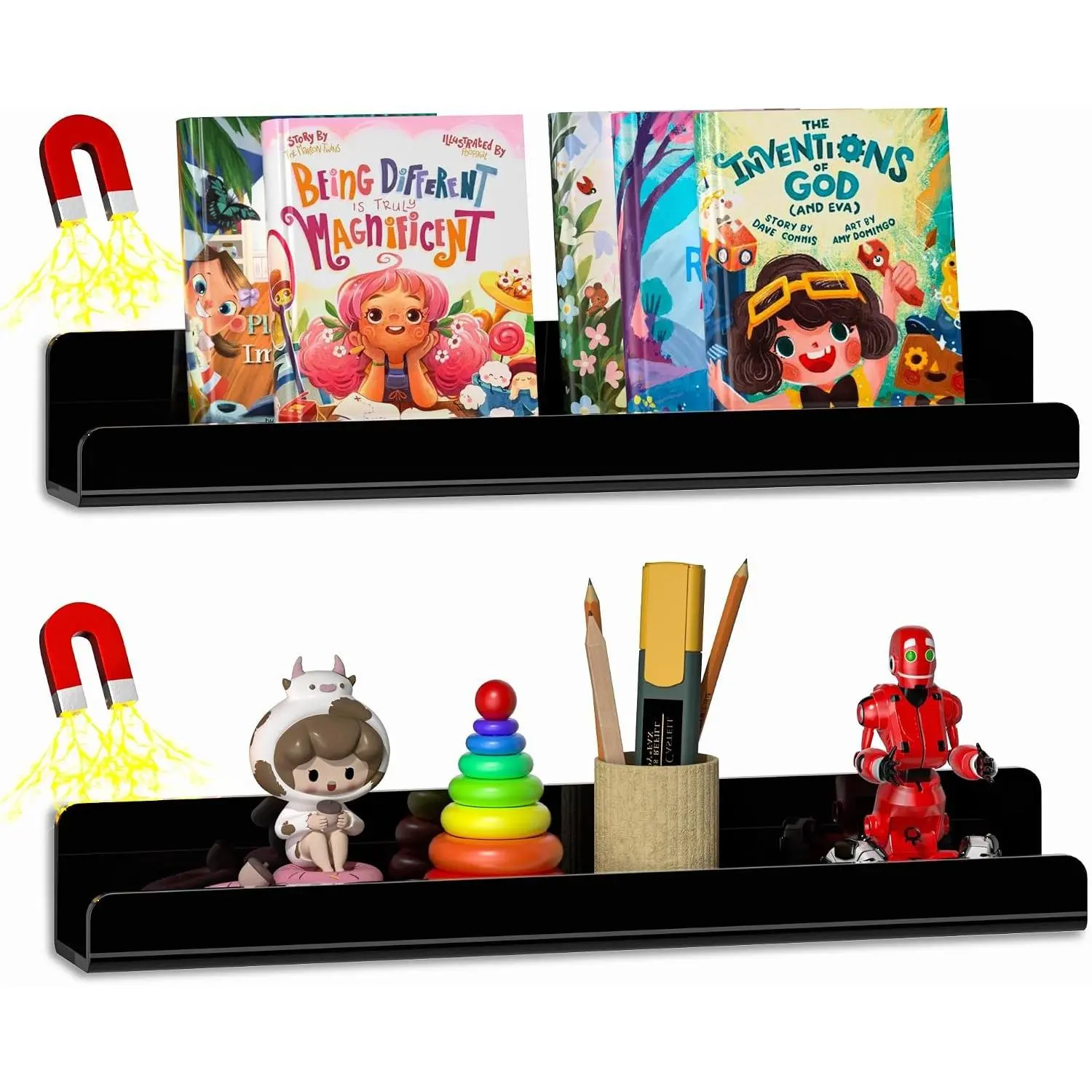 2 Pcs Magnetic Book Shelf for Whiteboard, Strong Adsorption Reusable Metal Bookshelf Book Display Holder for Teacher Kids Classroom Refrigerator Office Black | Metal, Reusable, Bookshelf, Book Display, Holder, for Teacher Kids, Classroom, Refrigerato