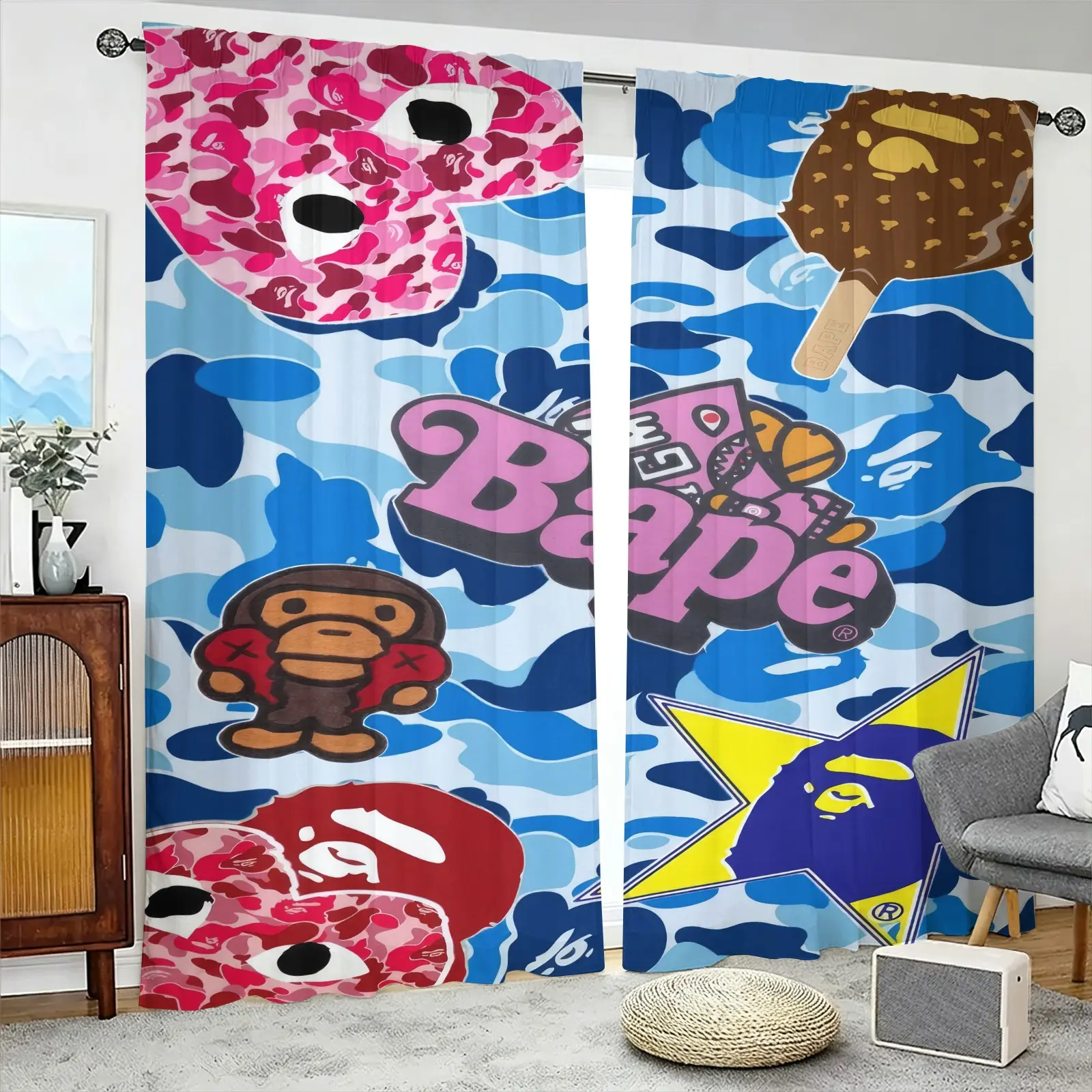 2 Pack Blue Camo Cartoon Monkey Pattern Brushed Fabric Curtains, Street Hip Hop Decor Curtains, Semi-Transparent & Fade Resistant, Through Rod Hanging Design, Machine Washable, for Bedroom Living Room