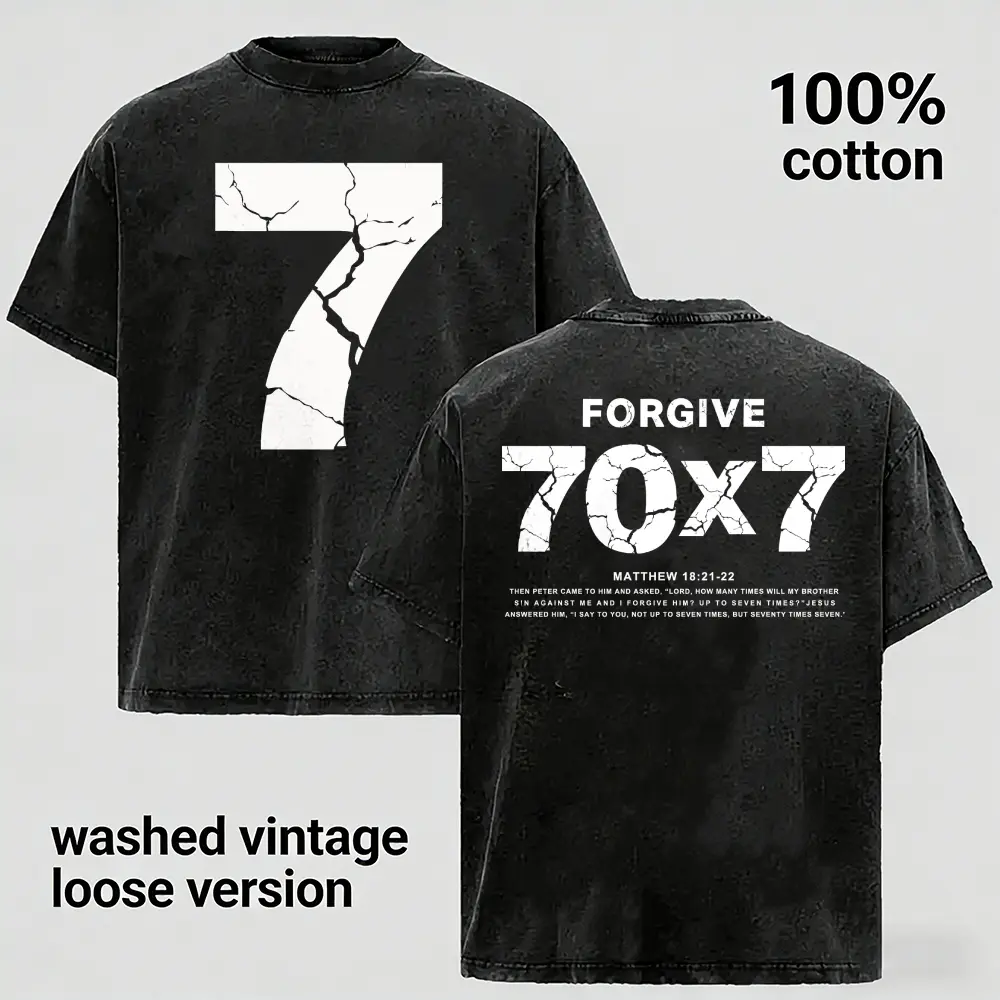 Father's Day Gift, 100% Cotton Washed Vintage Loose T-Shirt for Men, Forgive 70x7 Matthew 18 Christian Faith Bible Verse Graphic Tee Presents for Husband Boyfriend Dad Family, USA Trending Summer Men's Fashion Streetwear Casual Clothes