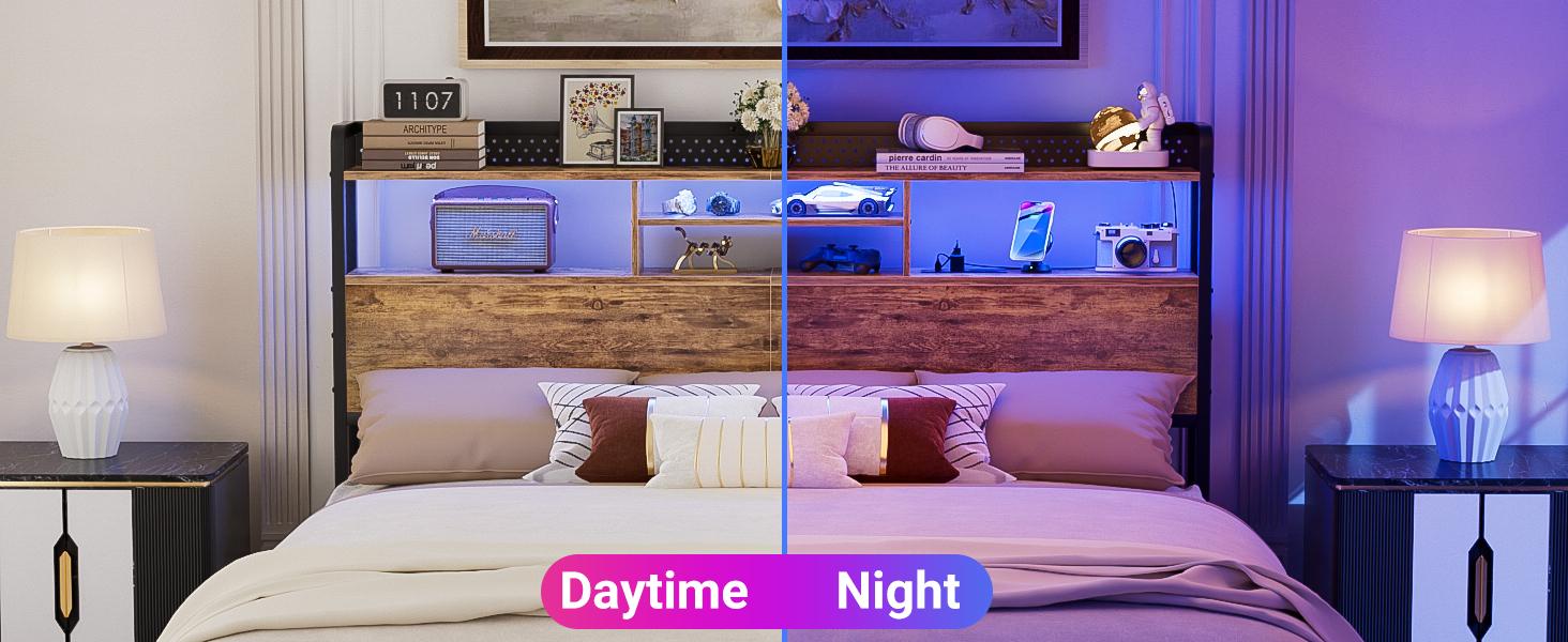 Homieasy Headboard for King Size Bed with Storage Shelf, Head board with 3 Outlets and 2 USB Ports, Headboards with RGB LED Light, Height Adjustable, Sturdy and Stable, Easy Assembly, Rustic Brown