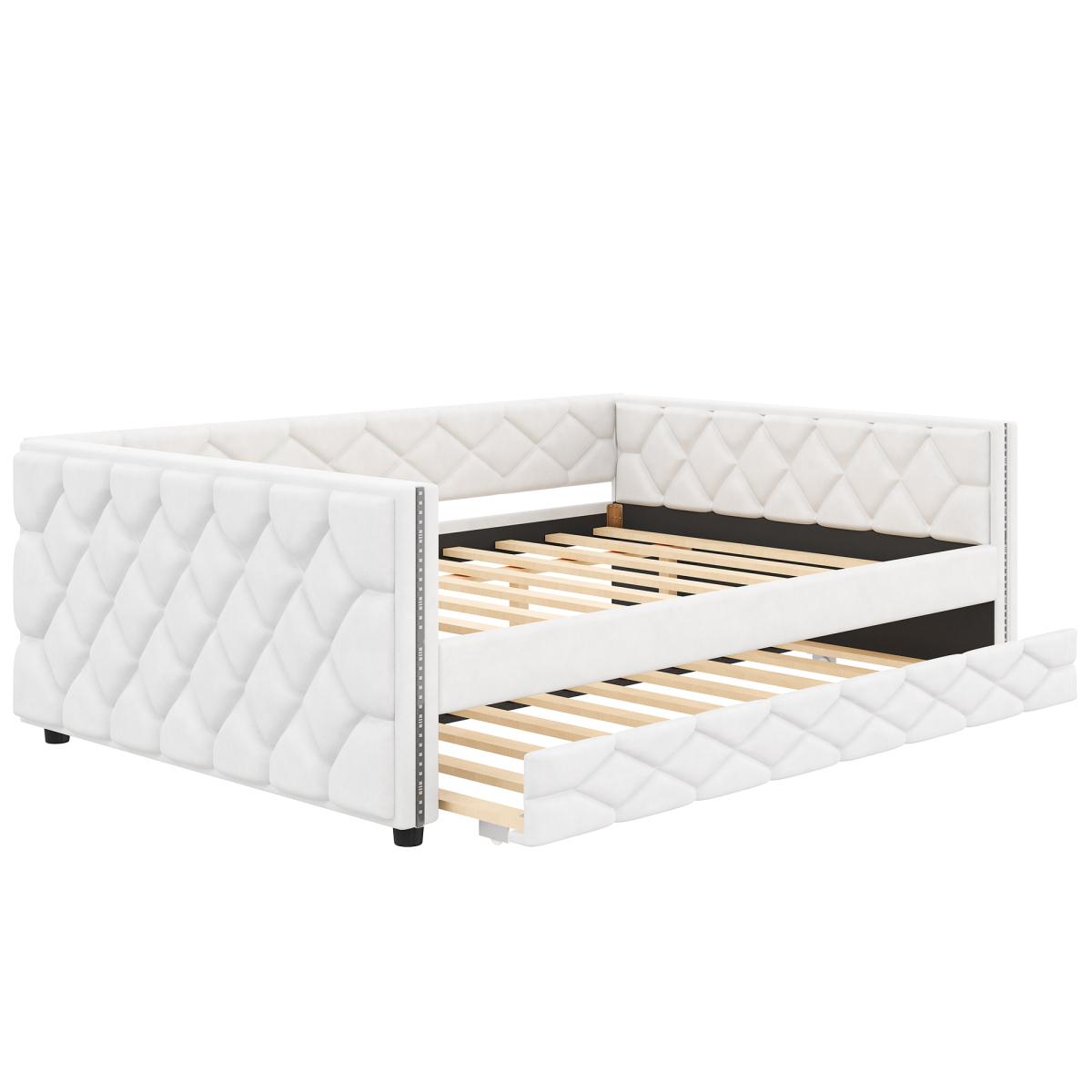 PU Leather Upholstered Daybed with Pull Out Trundle Bed, LED Light Armrests, Multi-Functional Sofa Bed, Solid Wood Frame for Guest Room PU Leather Upholstered Daybed with Pull Out Trundle Bed, LED Light Armrests, Multi-Functional Sofa Bed, Solid Wood Frame for Guest Room