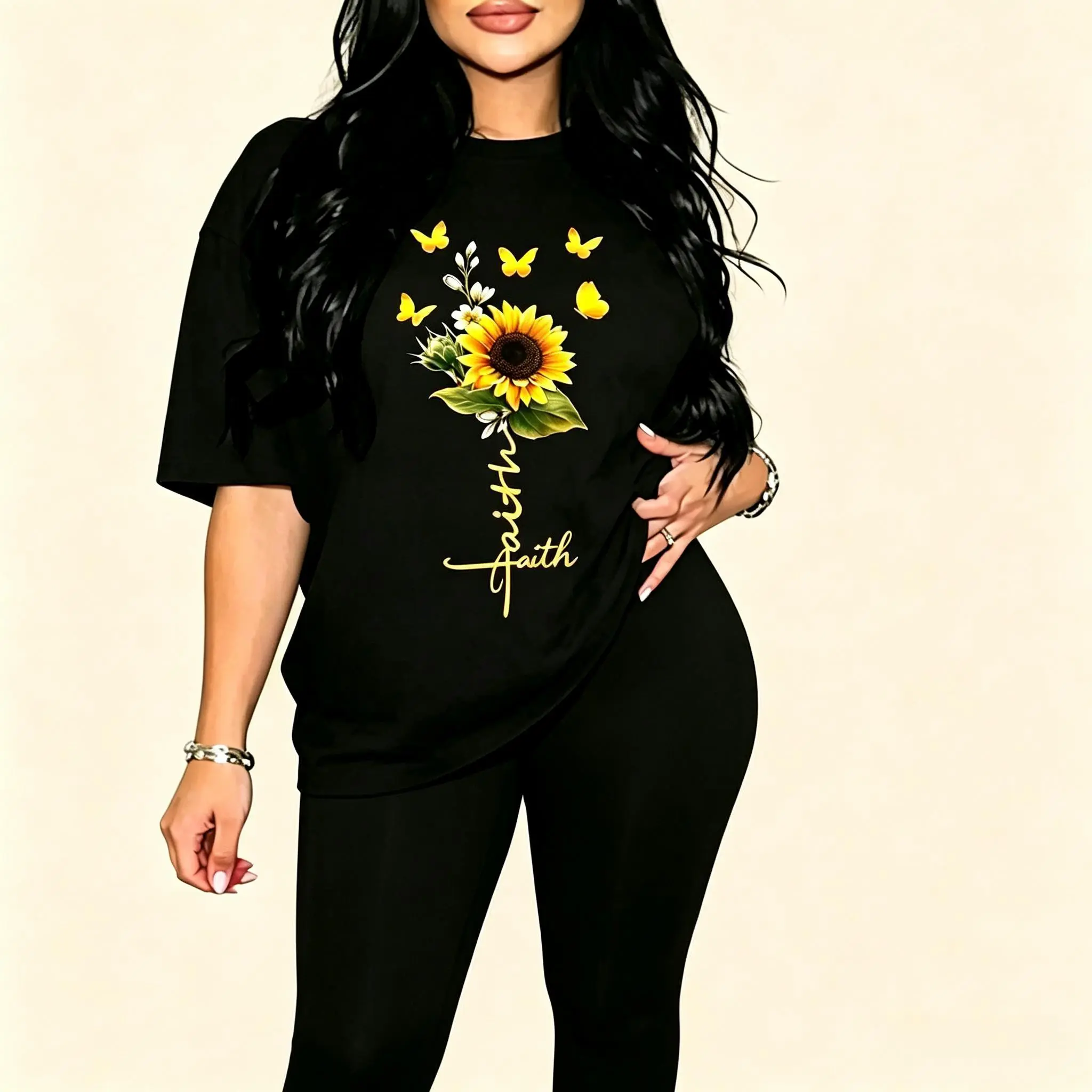 Faith Sunflower Butterfly Cross Front Print Casual Graphic T-Shirt, Faith Letter Sunflower Butterfly Religious Inspirational Oversized Women Top, soft everyday fit, multi-scene weekend apparel. Affordable little surprise gift for christian believers, flor