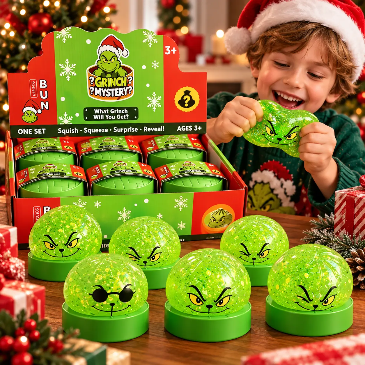 Grinch Christmas Mystery Squishy Toy, Glitter Squeeze Fidget Ball with Green Storage Base, Surprise Blind Box Collectible, Stress Relief Sensory Toy, Stocking Stuffer, Party Favor, Holiday Gift for Kids Teens Adults Ages 3+, Christmas Novelty Toy Set