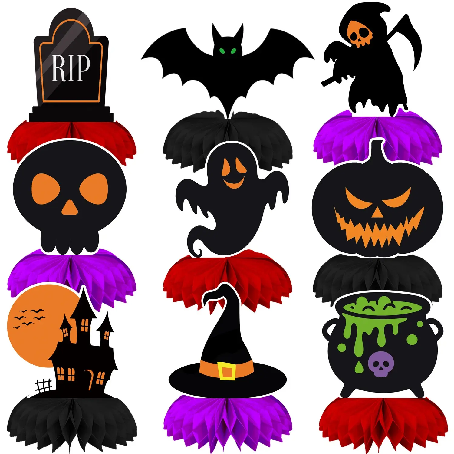 9Pcs Halloween DIY Honeycomb Centerpieces, Halloween Table Centerpieces, Bat, Ghost, Pumpkin, Witch Hat, Cauldron, Haunted House, 3D Paper Decorations for Halloween Party Decor, Home Tabletop Decor