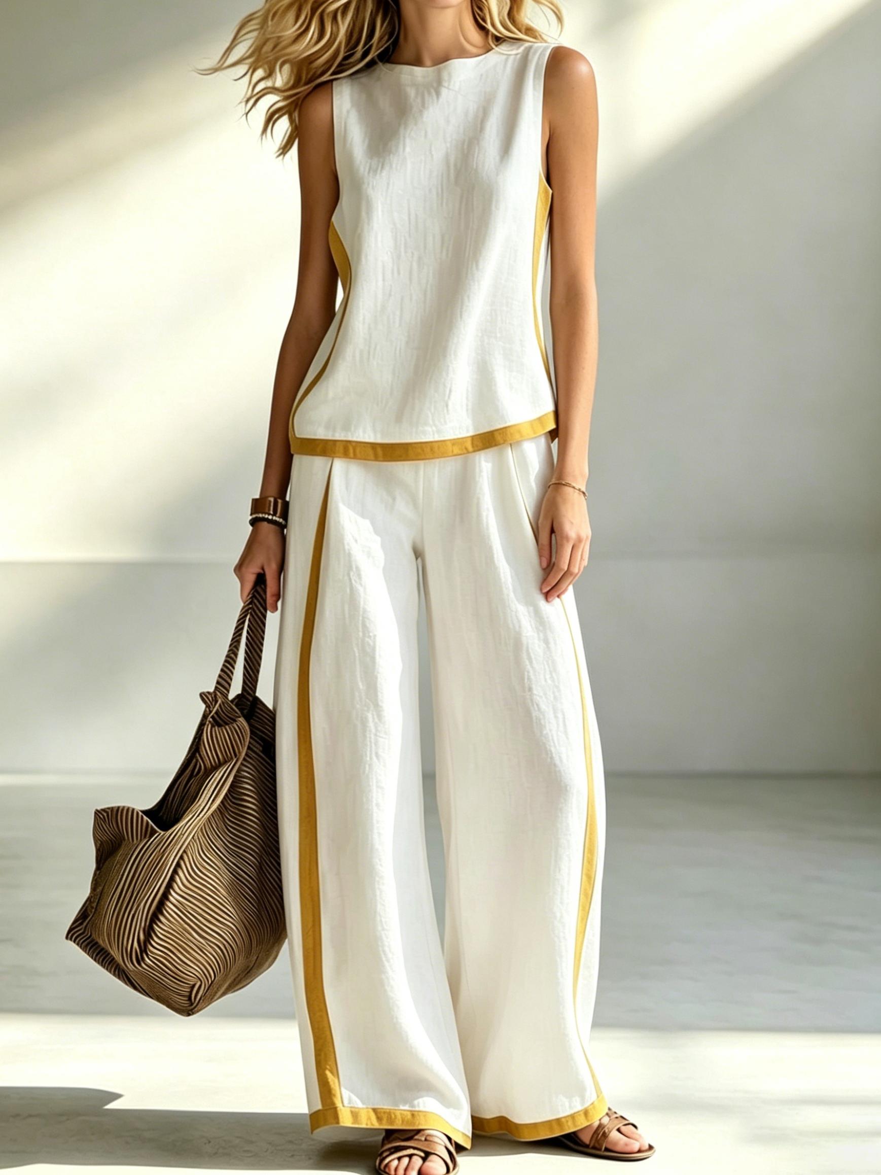 Bohemian Patchwork Tank Top and Pants Set, Sleeveless Summer Top, Flowy Wide Leg Trousers, Casual Comfortable High-Waist Vacation
