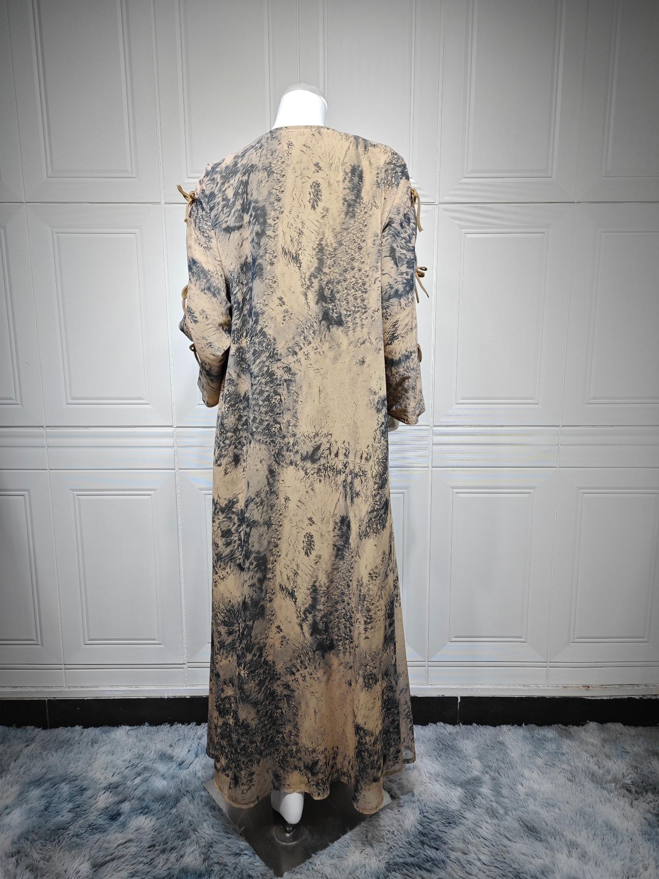 Elegant Double Layer Open with Headscarf, Abstract Tie Dye Pattern, Long Sleeve for All Seasons, Casual and Stylish Women's Islamic Wear, Abaya Hijab Set