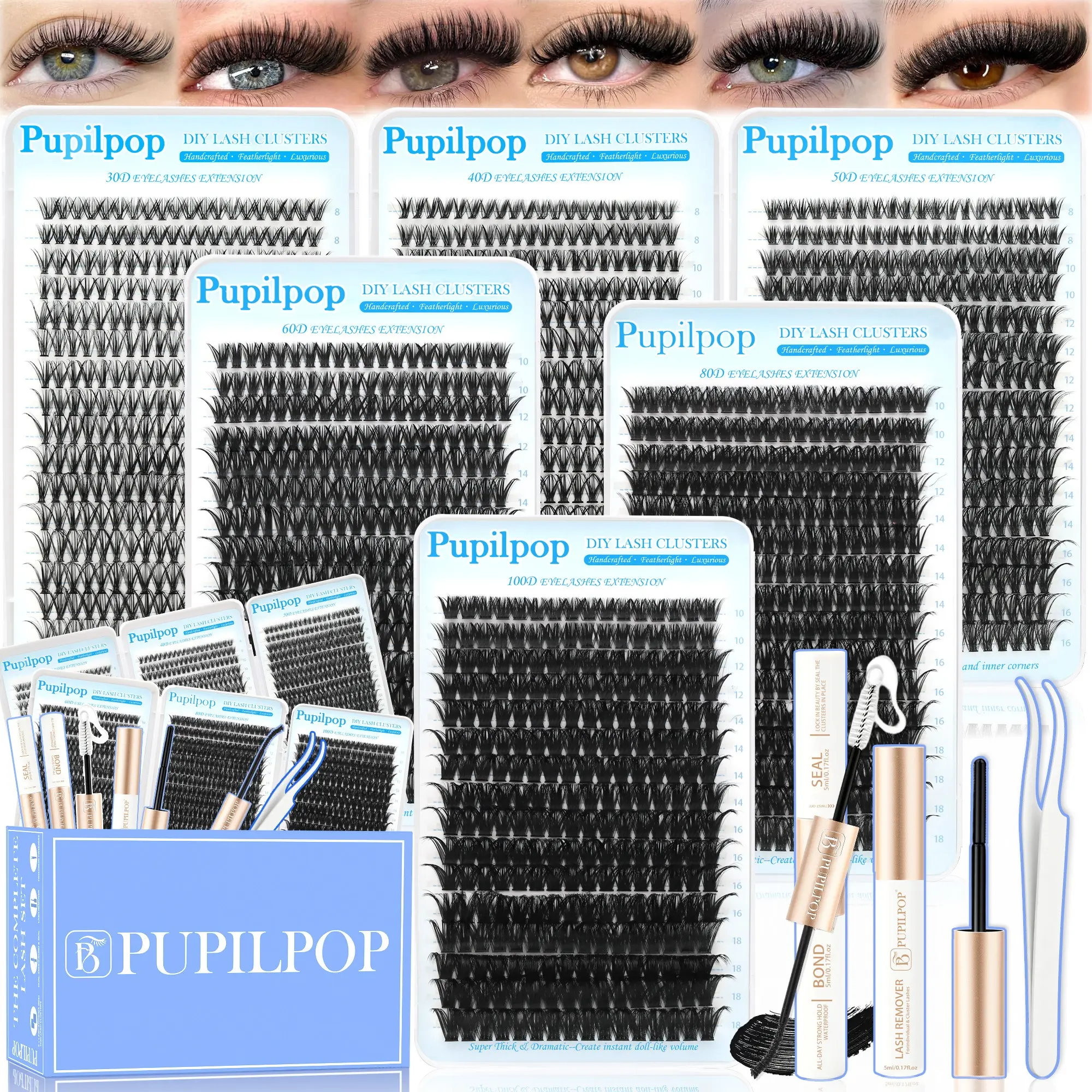 Pupilpop 1856Pcs DIY Lash Clusters Kit, 30D, 40D, 50D, 60D, 80D, 100D, D-Curl Mixed-Length Eyelash Extensions, Volume Individual Lashes, Bond & Seal, Lash Remover, Tweezers, Natural to Dramatic Eye Makeup, Lightweight Cotton Band for Easy DIY Lash Styl