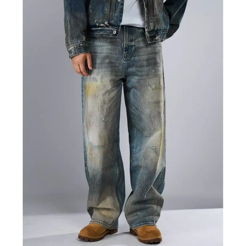 Men's trendy high street jeans, stylish and distressed, vintage loose straight-leg slimming trousers
