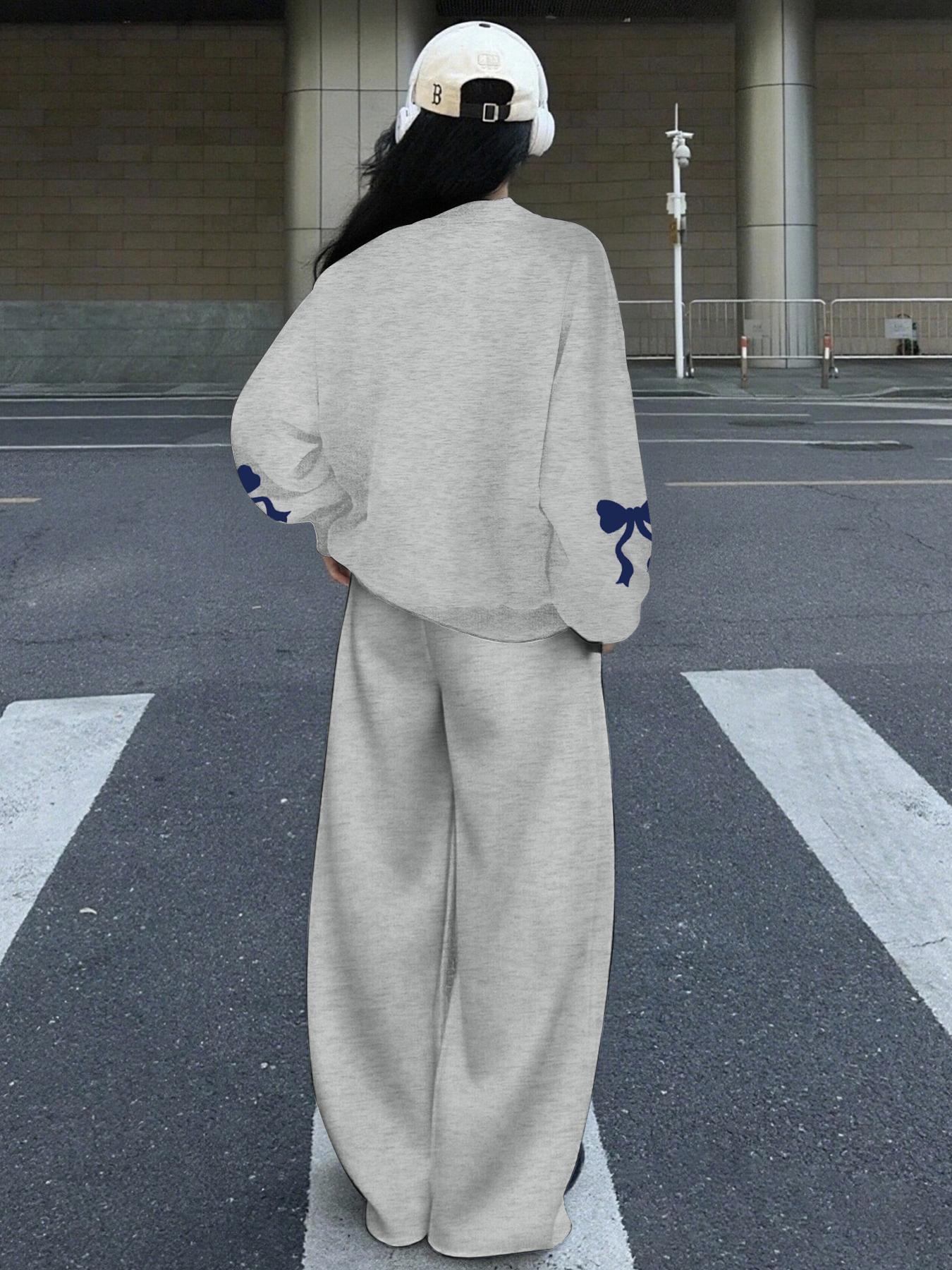 Women's V Neck Sweater Pants Set, Fashionable Digital Bowknot Print, Straight Leg Elastic Waist, Casual Long Sleeve Pullover