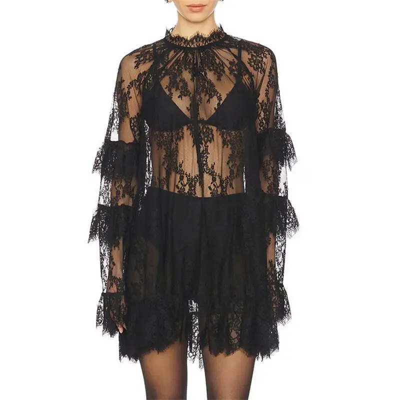 Women's See Through Lace Dress Long Sleeve Crew Neck Casual Loose Sheer Dress Vacation Beach Cocktail Mini Dresses
